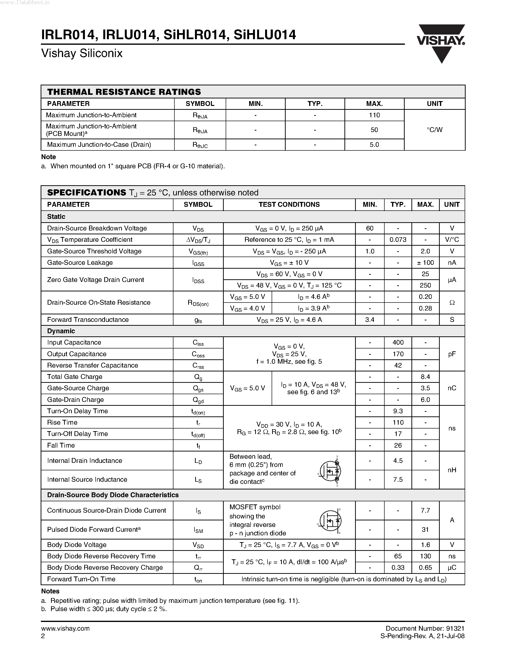 Даташит IRLR014PBF - Power MOSFET страница 2