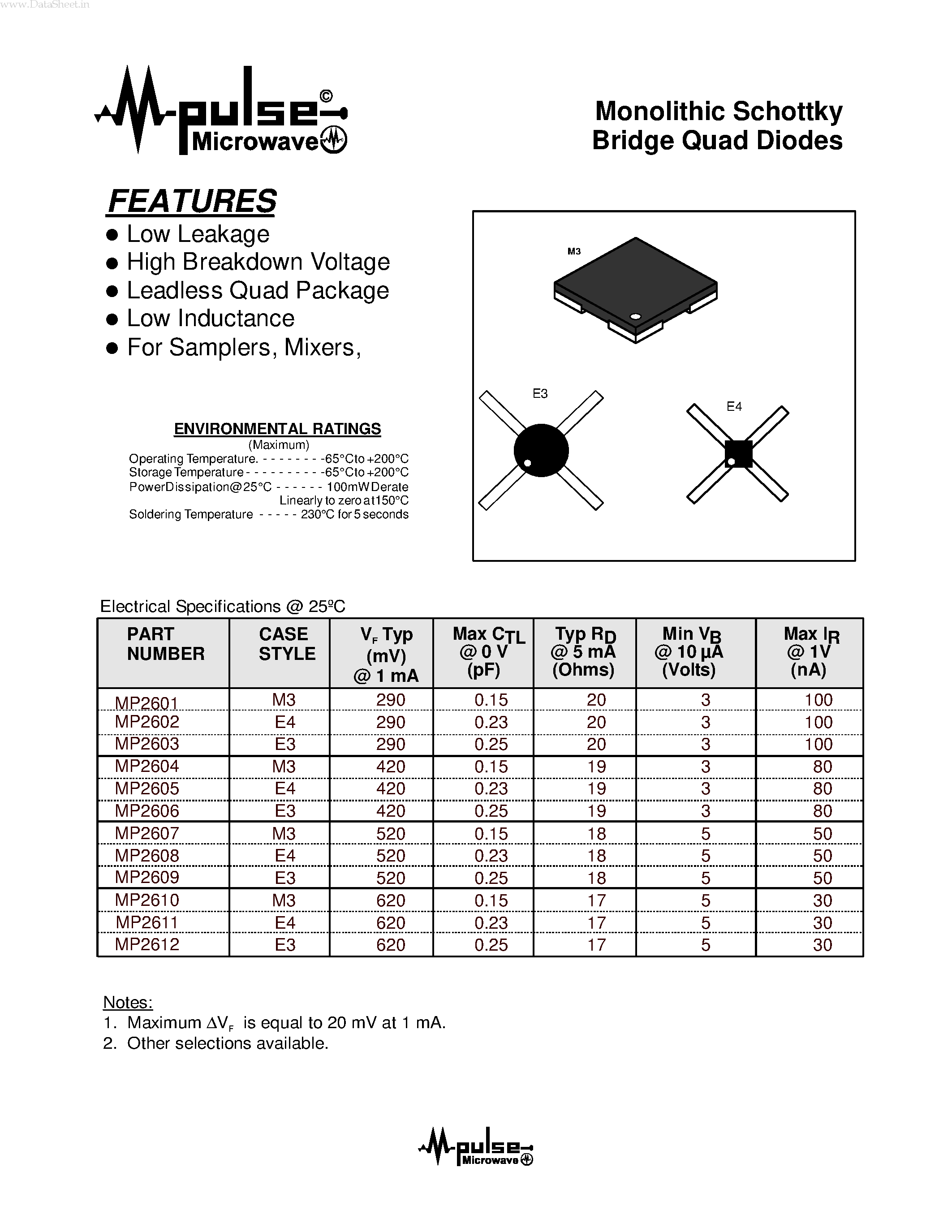 Даташит на микросхему MP2601 страница 1 Даташит MP2601 - (MP26xx) Monolithic Schottky Bridge Quad Diodes страница 1