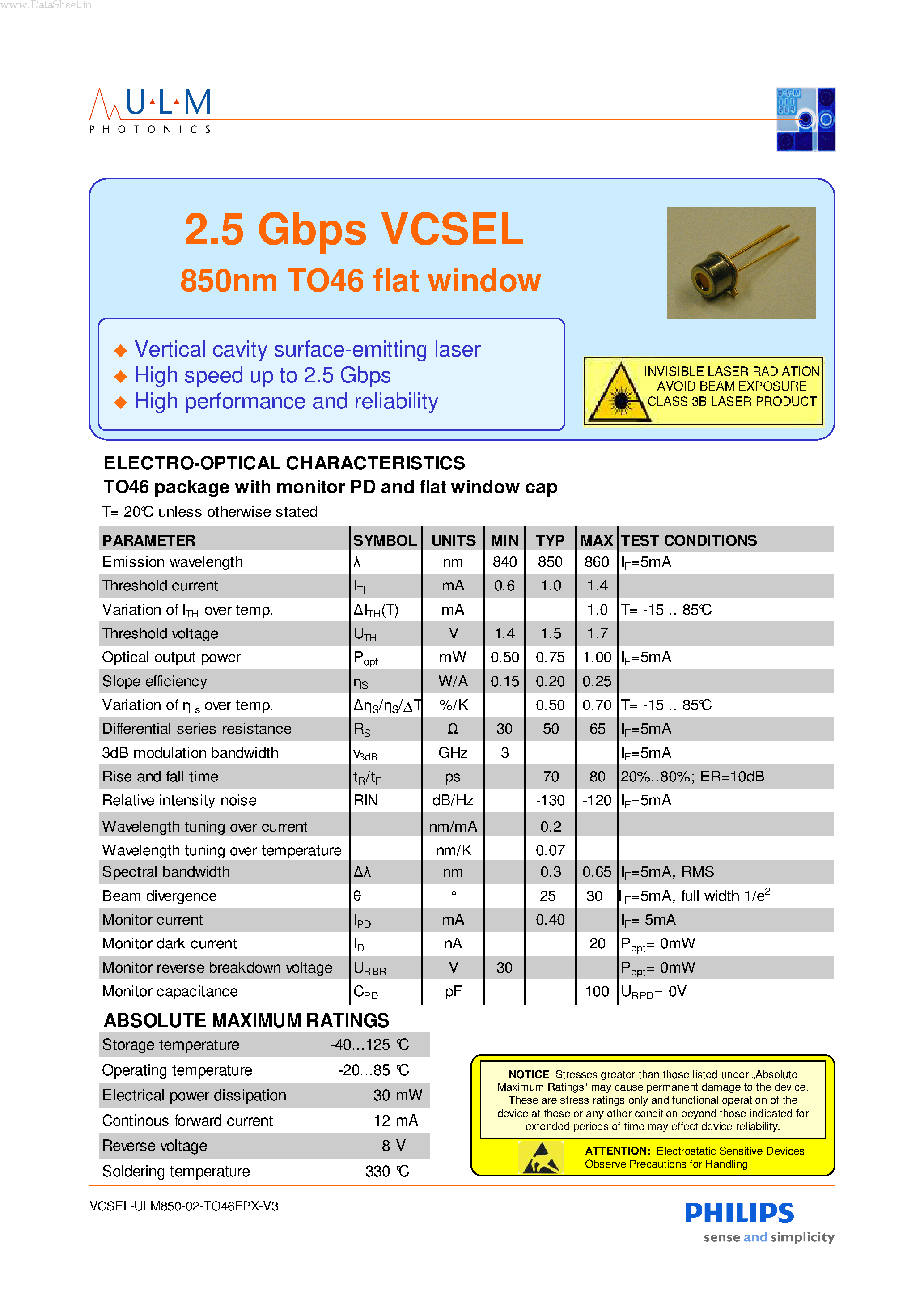 Datasheet ULM850-02-TT-C46FPN page 1 Datasheet ULM850-02-TT-C46FPN - 2.5 Gbps VCSEL page 1