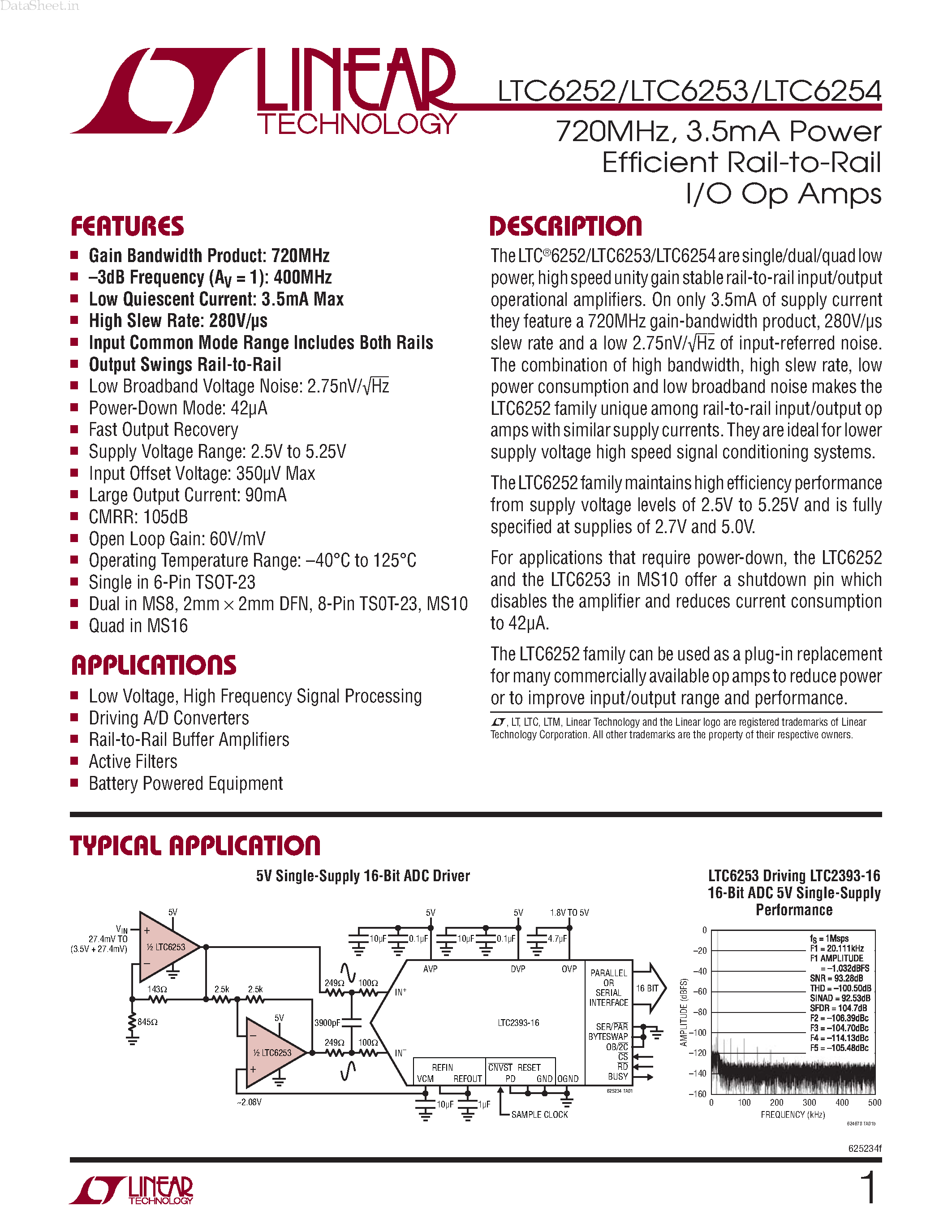 Datasheet LTC6252 - 3.5mA Power Efficient Rail-to-Rail I/O Op Amps page 1