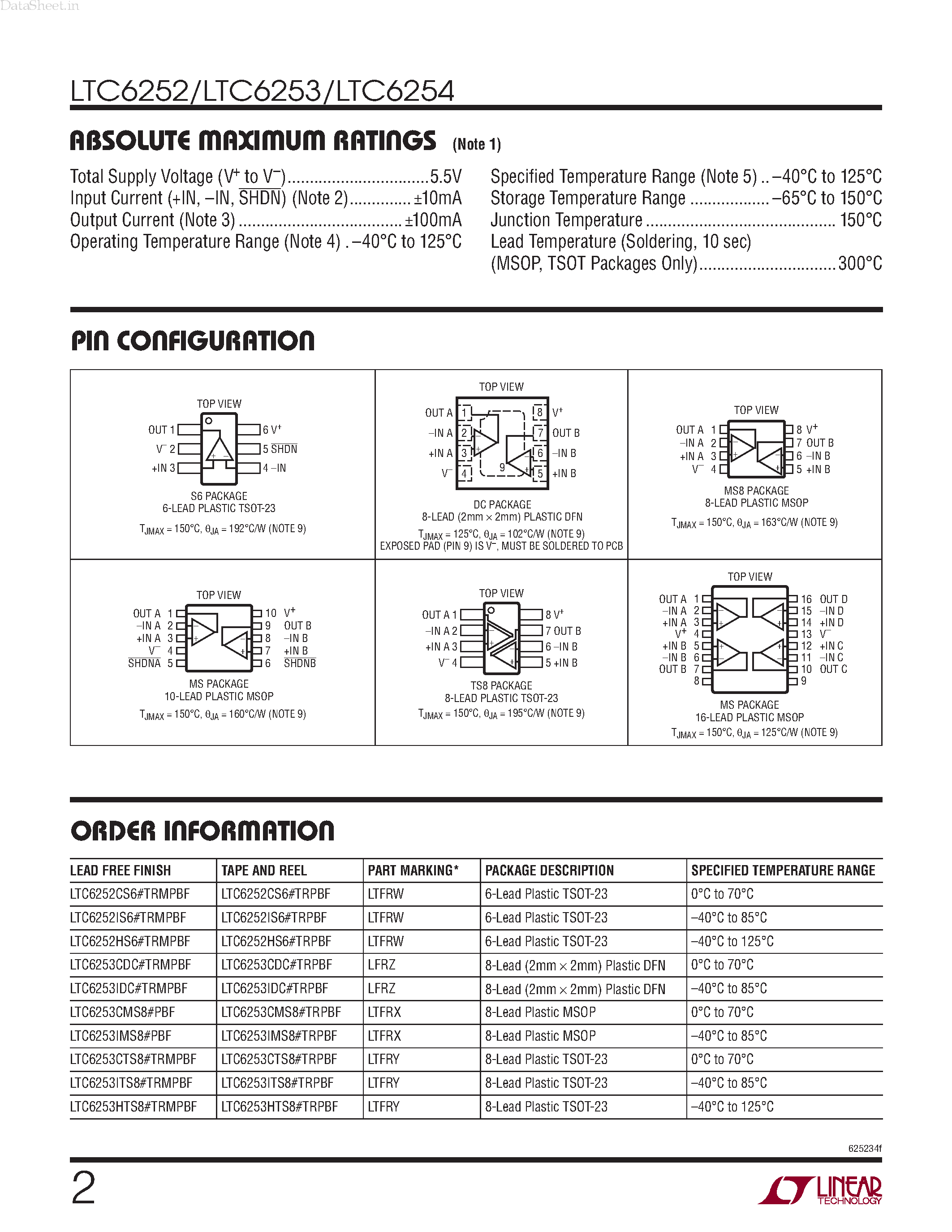 Datasheet LTC6252 - 3.5mA Power Efficient Rail-to-Rail I/O Op Amps page 2