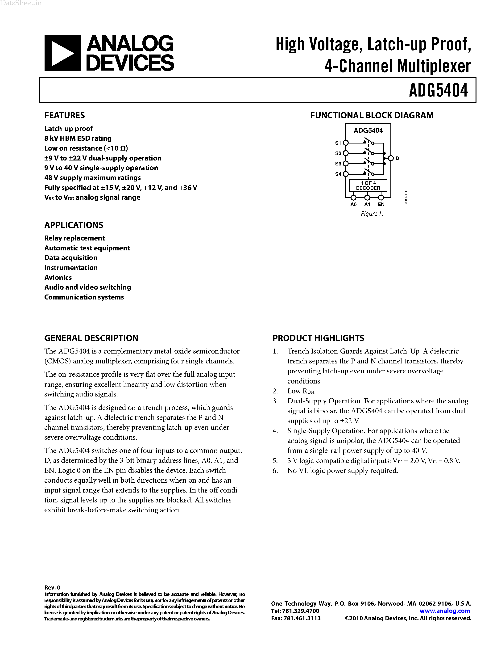 Datasheet ADG5404 - 4-Channel Multiplexer page 1