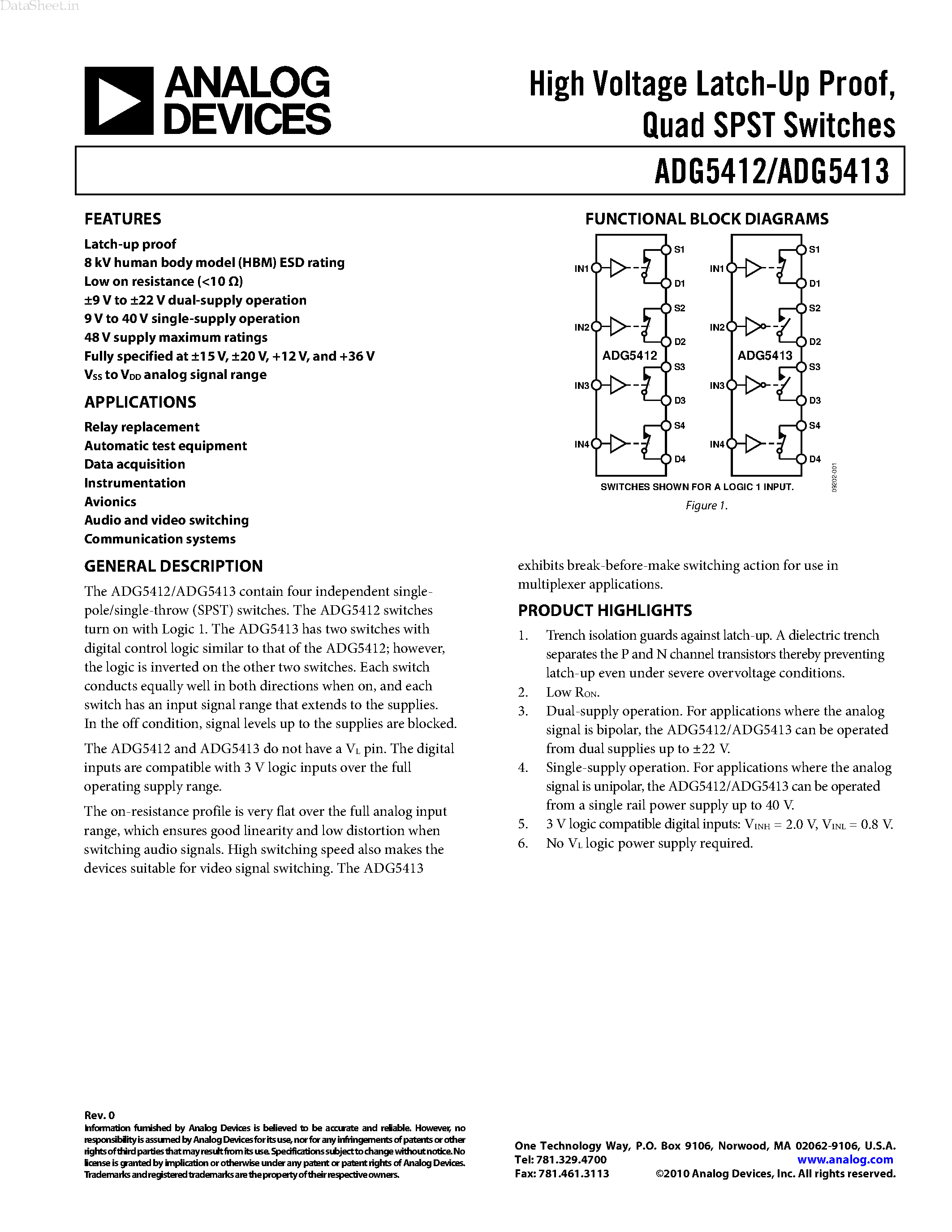 Даташит ADG5412 - (ADG5412 / ADG5413) Quad SPST Switches страница 1