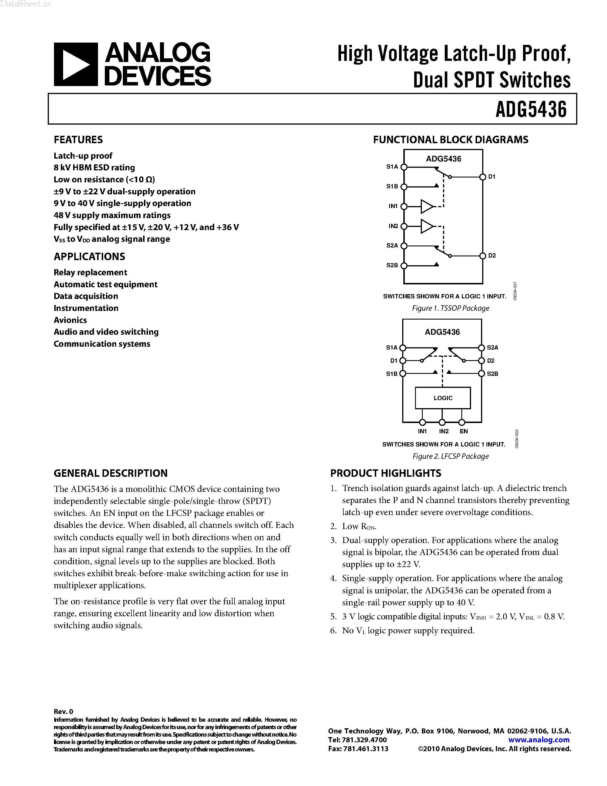 Даташит ADG5436 - Dual SPDT Switches страница 1