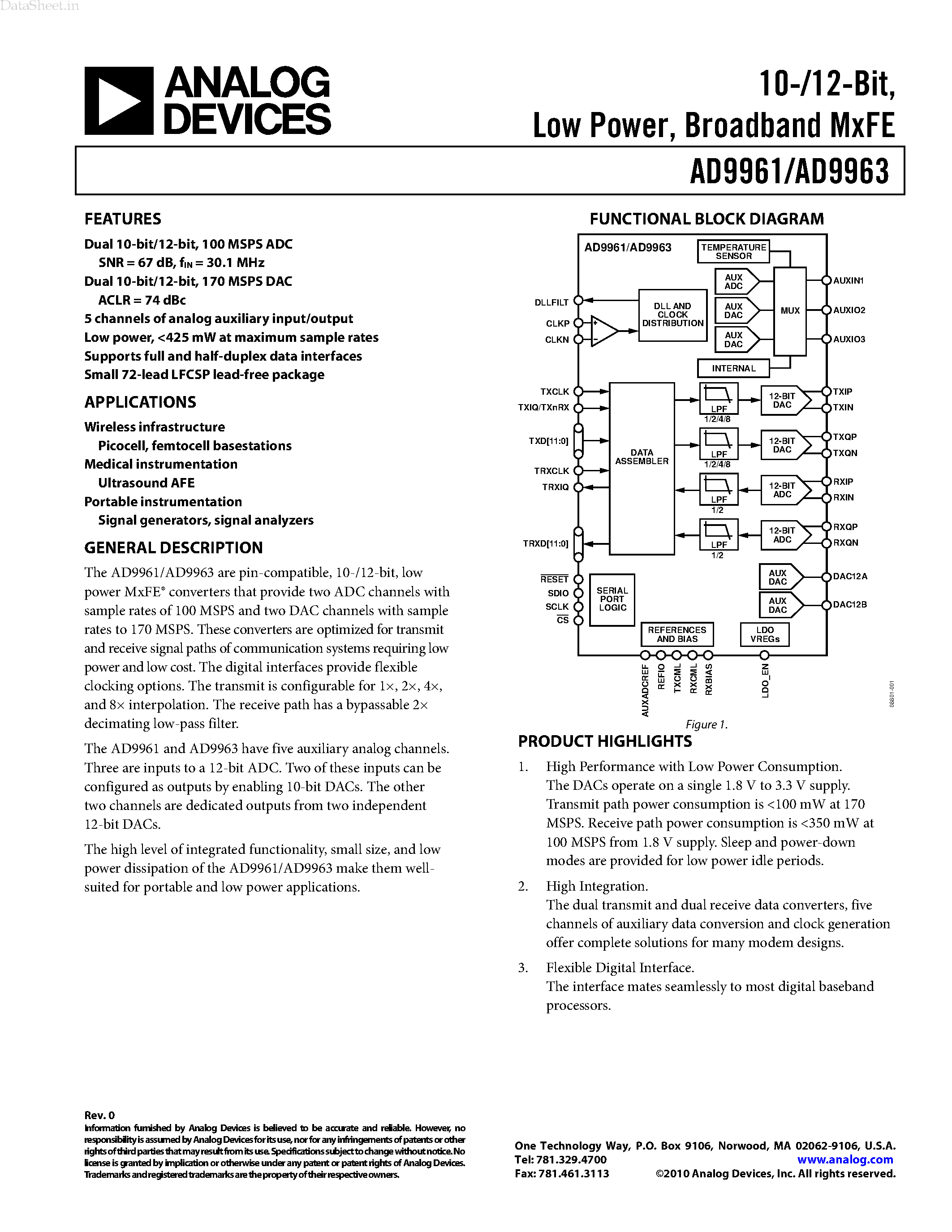Datasheet AD9961 page 1 Datasheet AD9961 - (AD9961 / AD9963) Broadband MxFE page 1