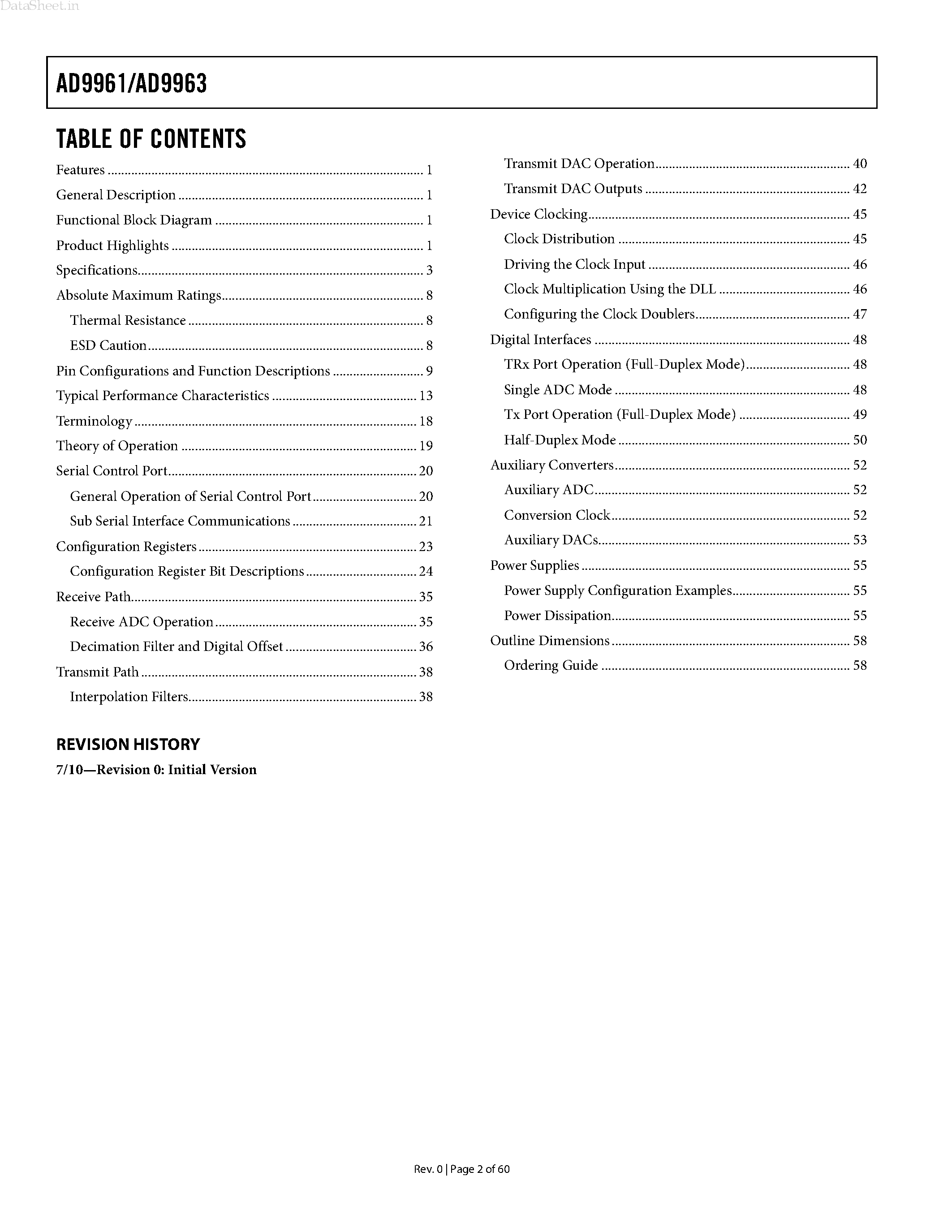 Datasheet AD9961 page 2 Datasheet AD9961 - (AD9961 / AD9963) Broadband MxFE page 2