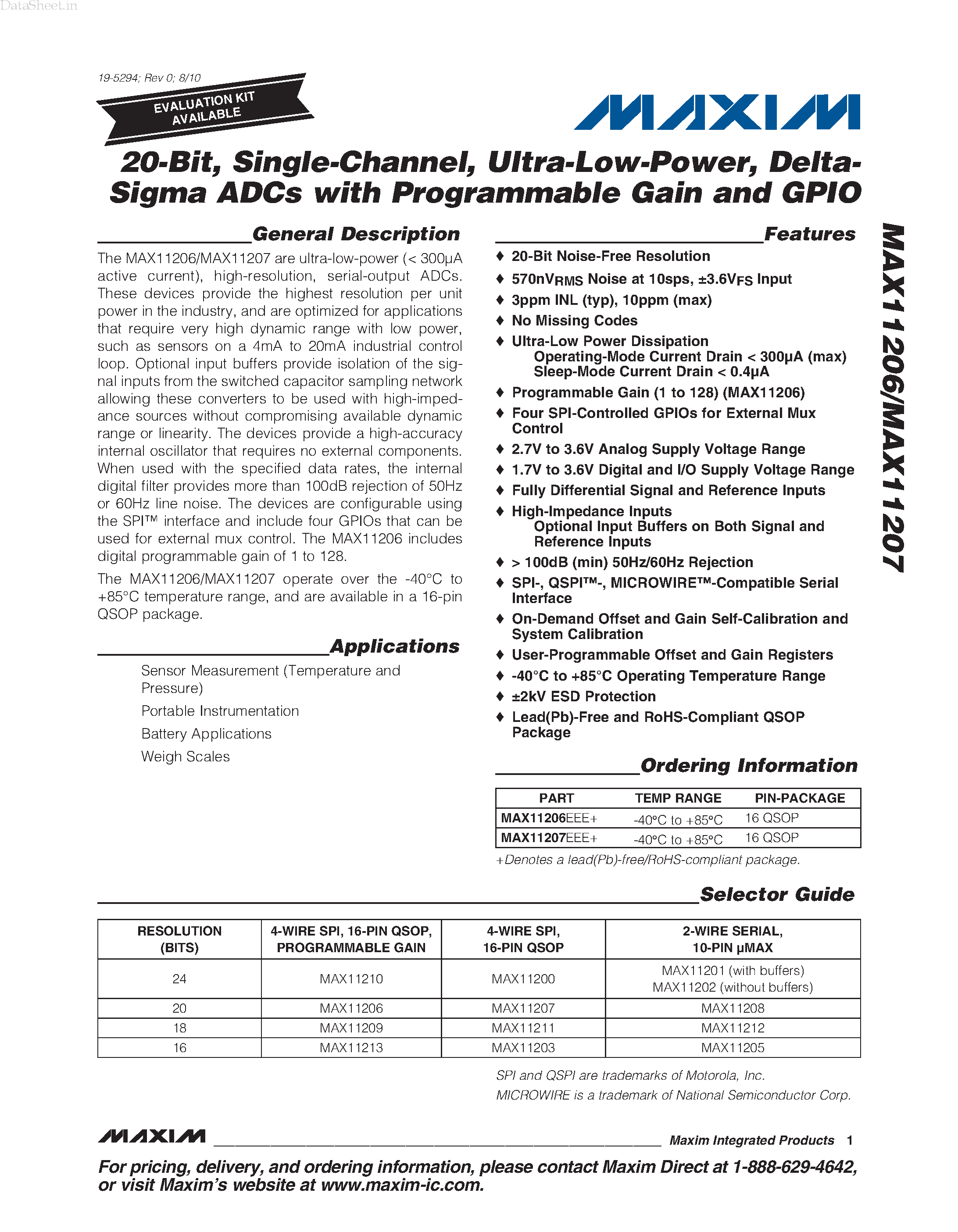 Даташит MAX11206 - (MAX11206 / MAX11207) Delta-Sigma ADCs страница 1