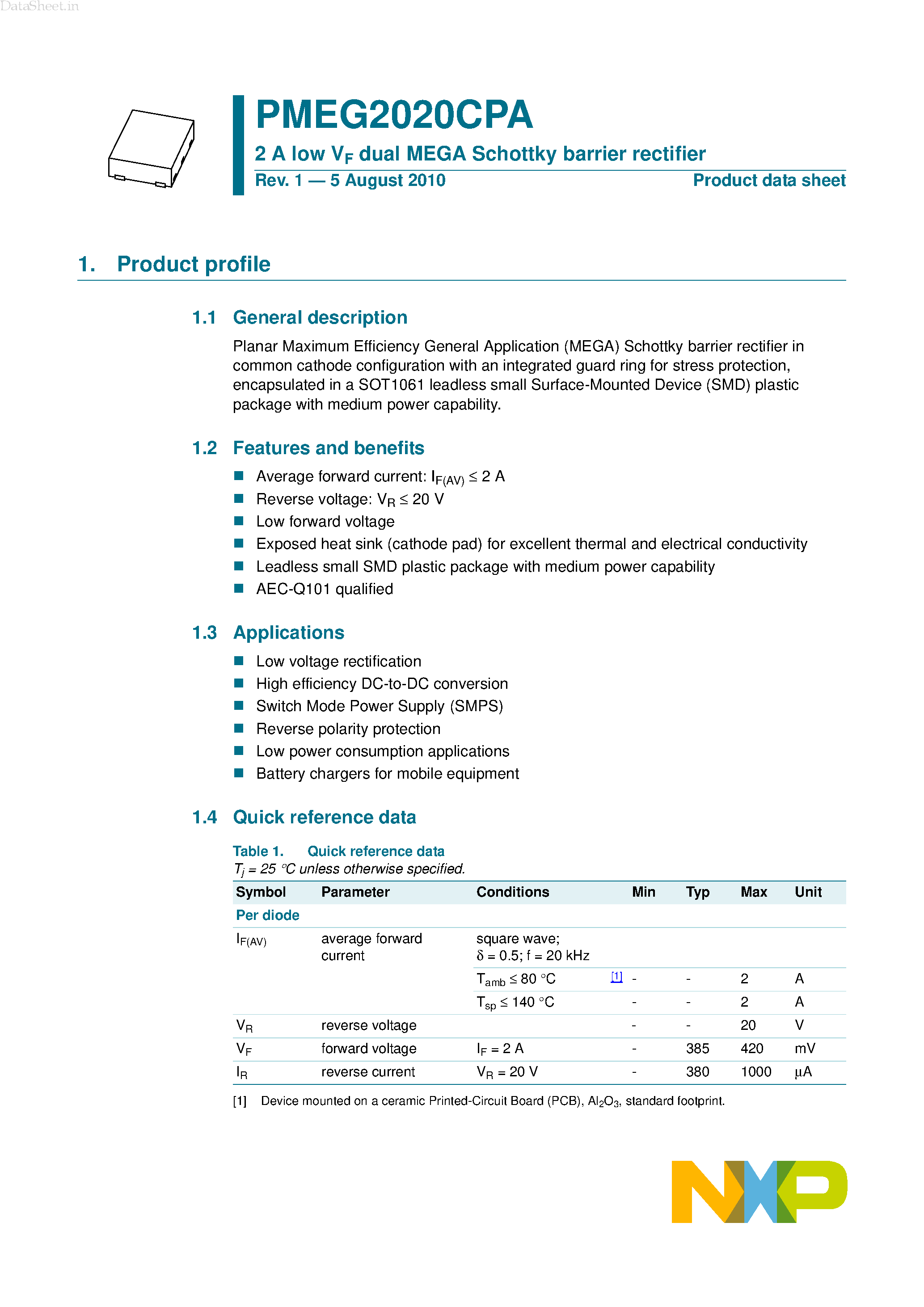 Даташит PMEG2020CPA - 2A low VF dual MEGA Schottky barrier rectifier страница 1