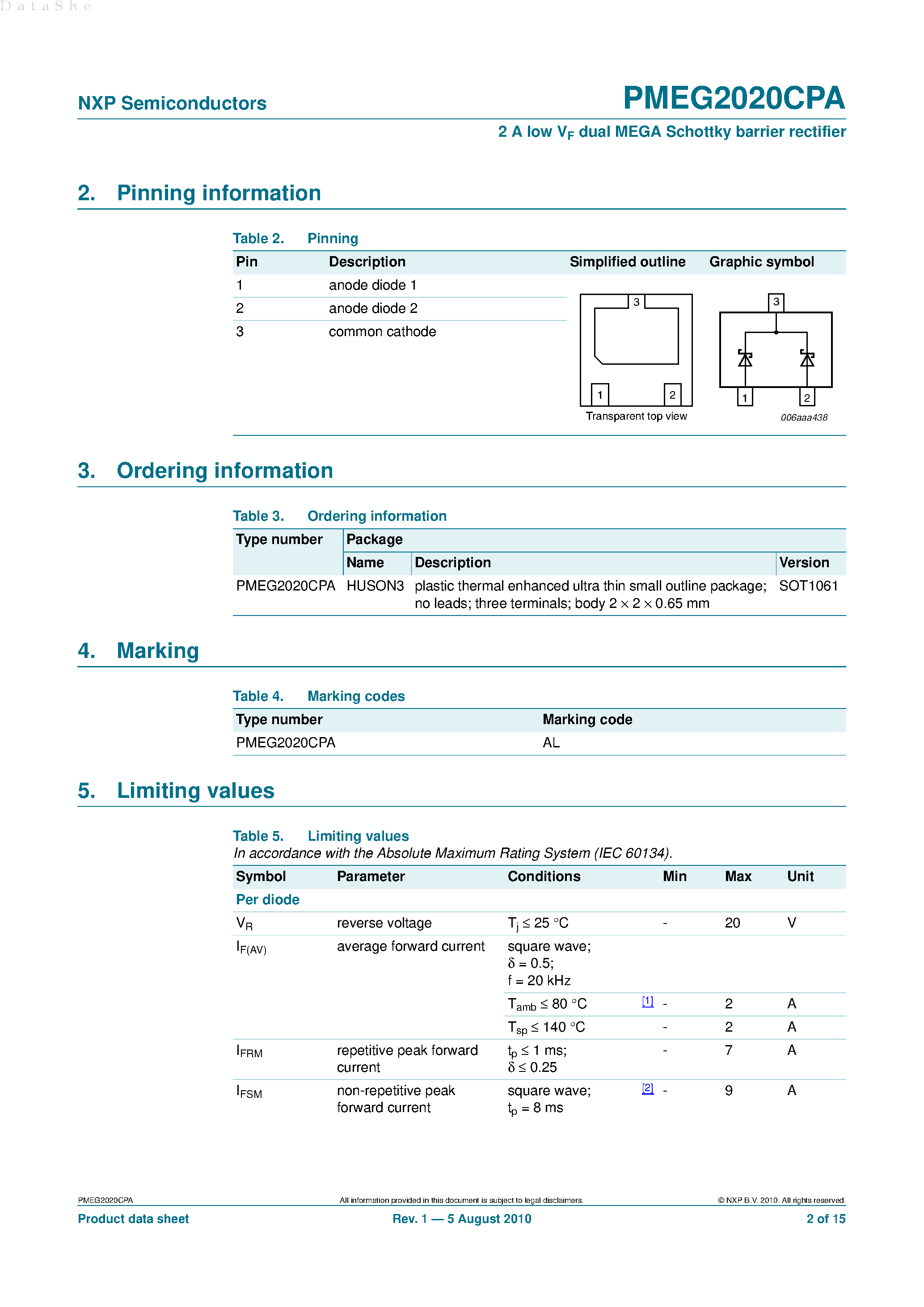 Даташит PMEG2020CPA - 2A low VF dual MEGA Schottky barrier rectifier страница 2