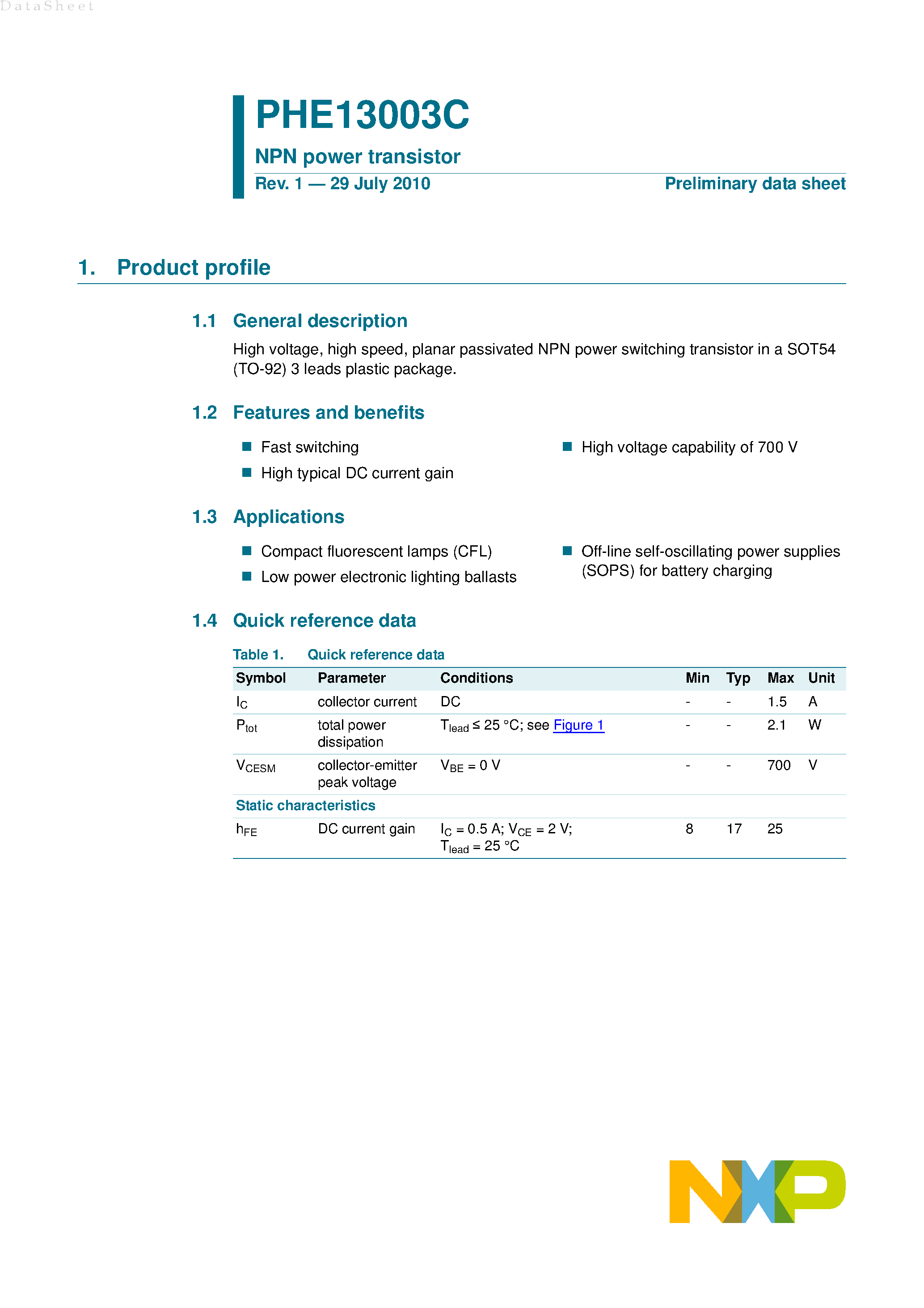 Datasheet PHE13003C page 1 Datasheet PHE13003C - Planar Passivated NPN Power Switching Transistor page 1