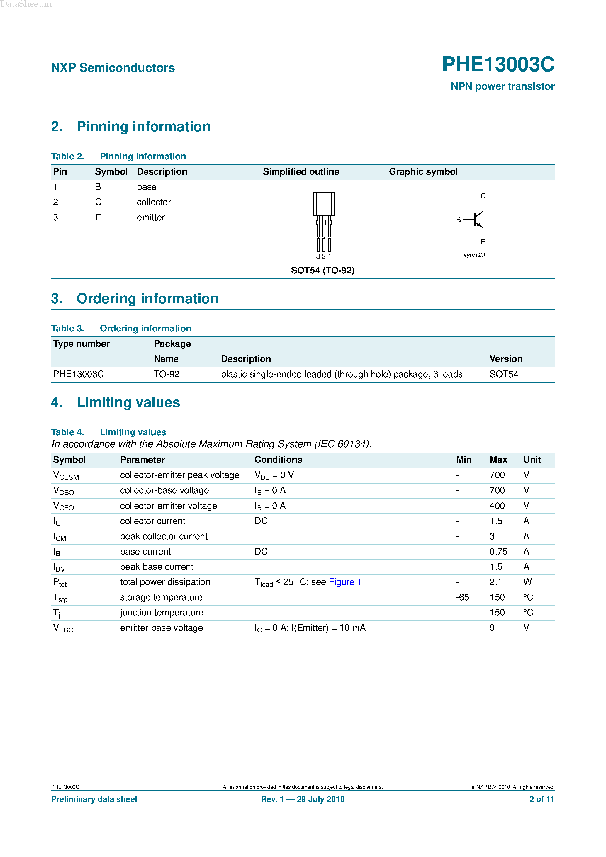 Datasheet PHE13003C page 2 Datasheet PHE13003C - Planar Passivated NPN Power Switching Transistor page 2