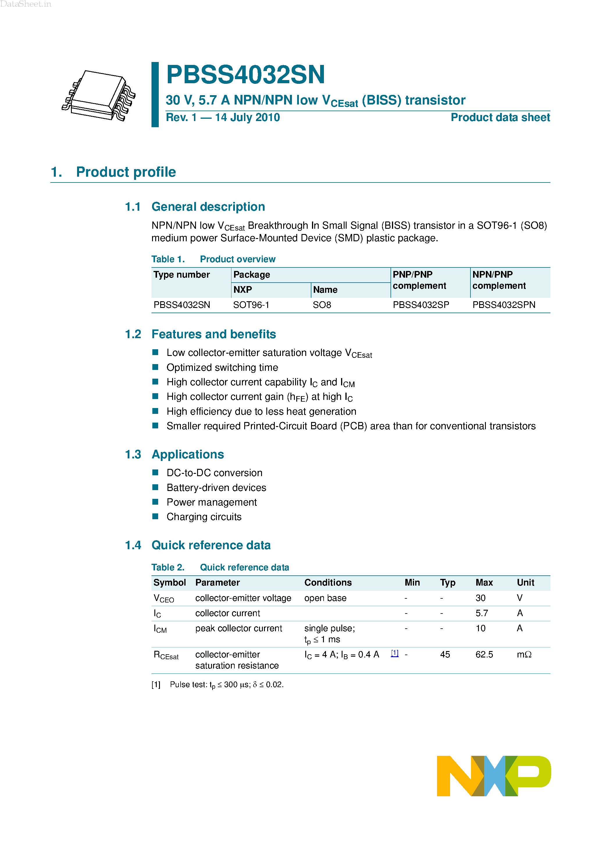Datasheet PBSS4032SN - 5.7A NPN/NPN Low V_CEsat (BISS) Transistor page 1