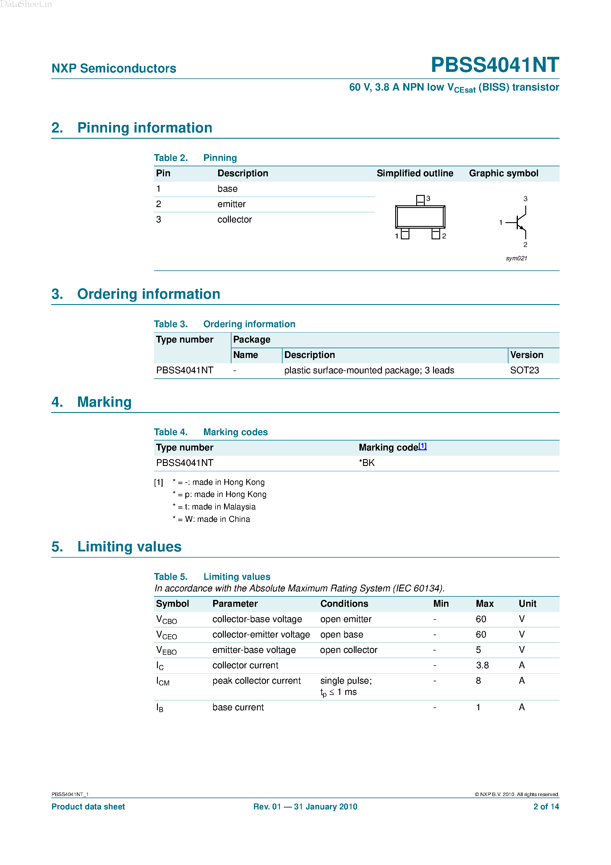 Datasheet PBSS4041NT page 2 Datasheet PBSS4041NT - 3.8A NPN low VCEsat (BISS) transistor page 2
