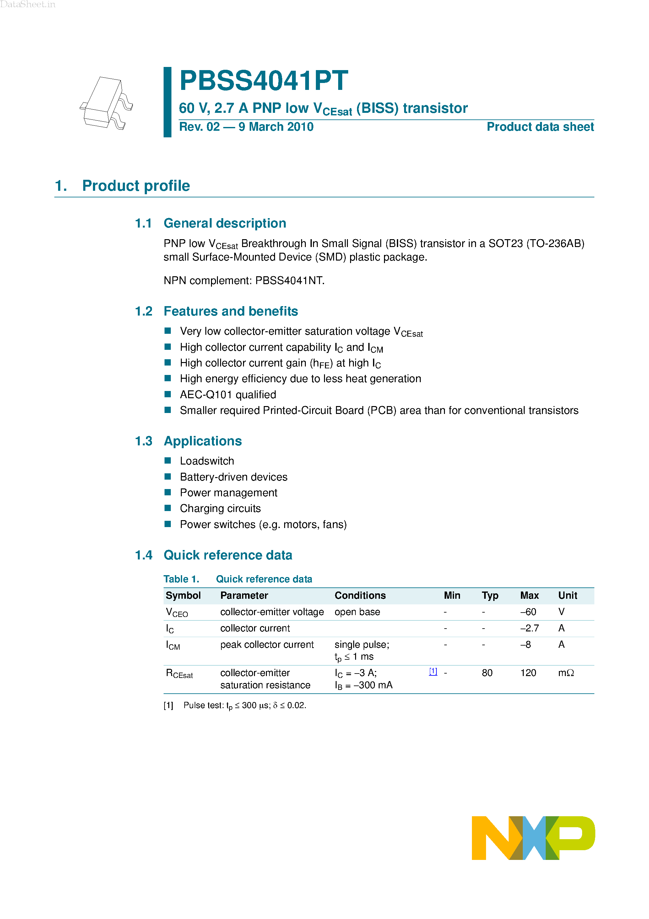 Datasheet PBSS4041PT - 2.7A PNP low VCEsat (BISS) transistor page 1