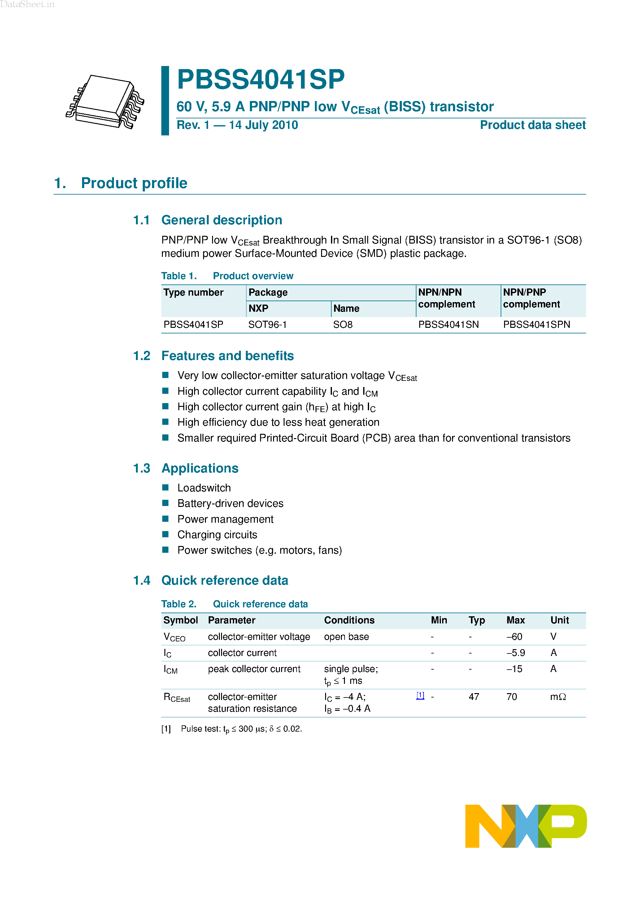 Datasheet PBSS4041SP - 5.9A PNP/PNP Low V_CEsat (BISS) Transistor page 1