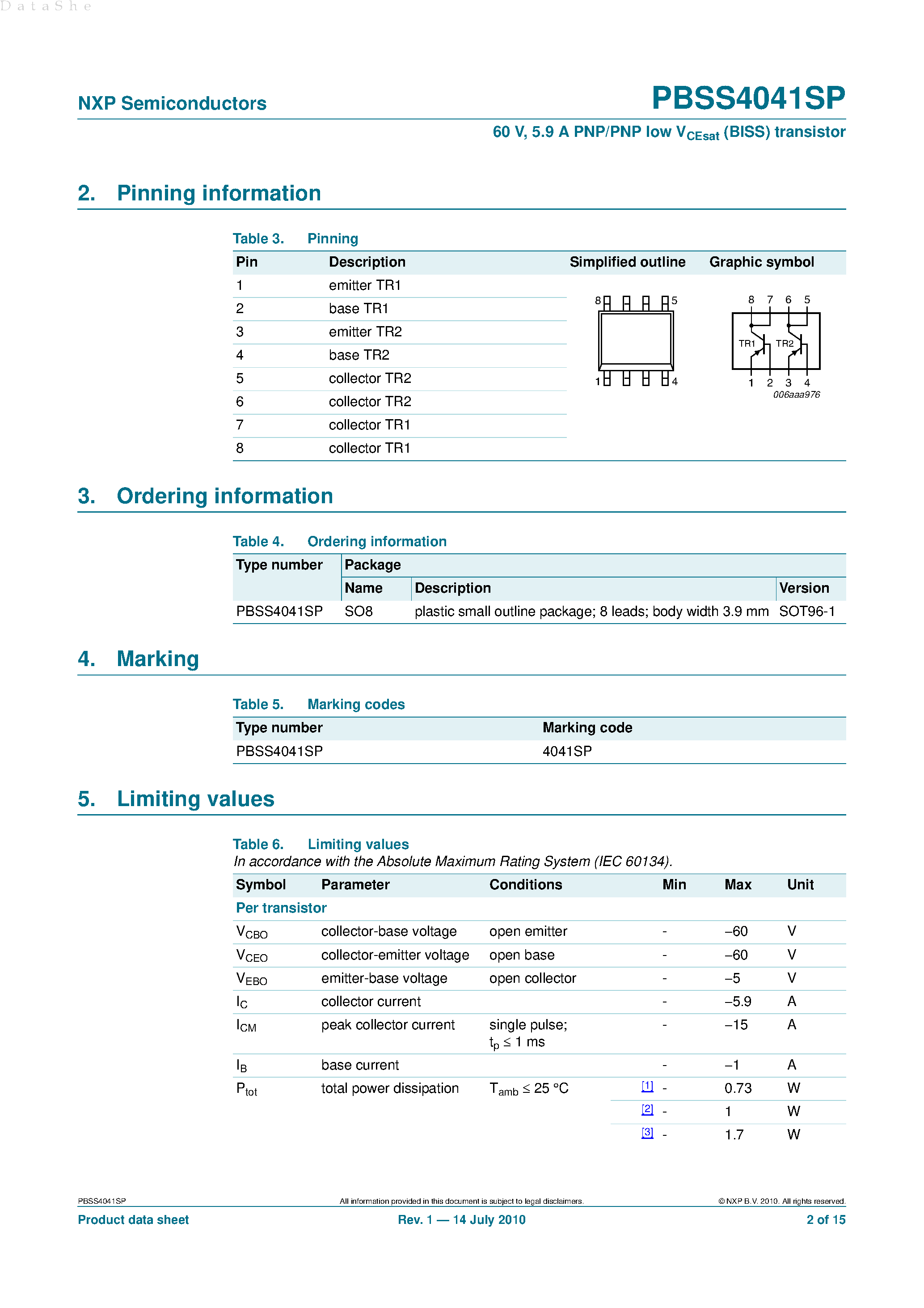 Datasheet PBSS4041SP - 5.9A PNP/PNP Low V_CEsat (BISS) Transistor page 2