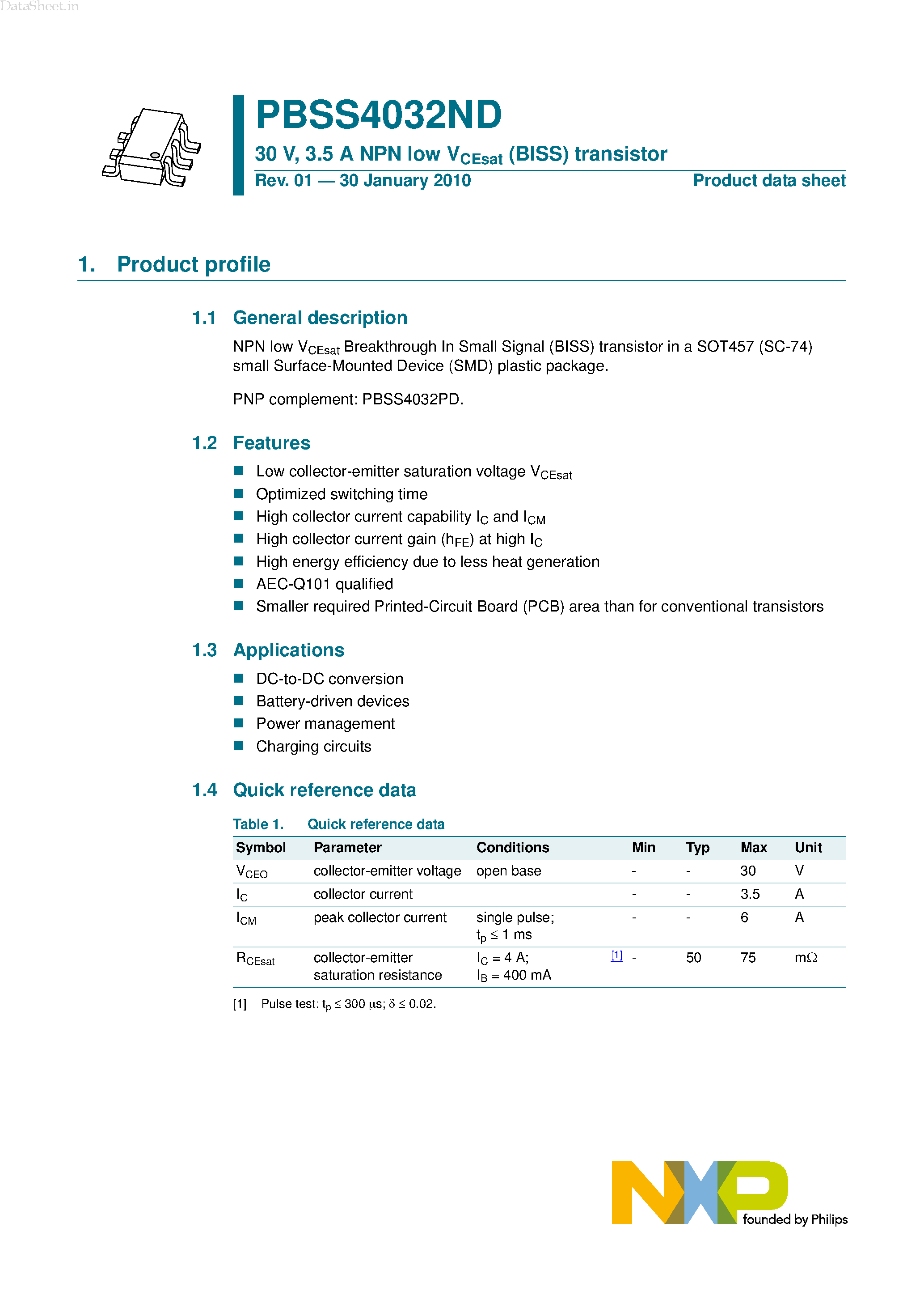Datasheet PBSS4032ND page 1 Datasheet PBSS4032ND - 3.5A NPN low VCEsat (BISS) transistor page 1