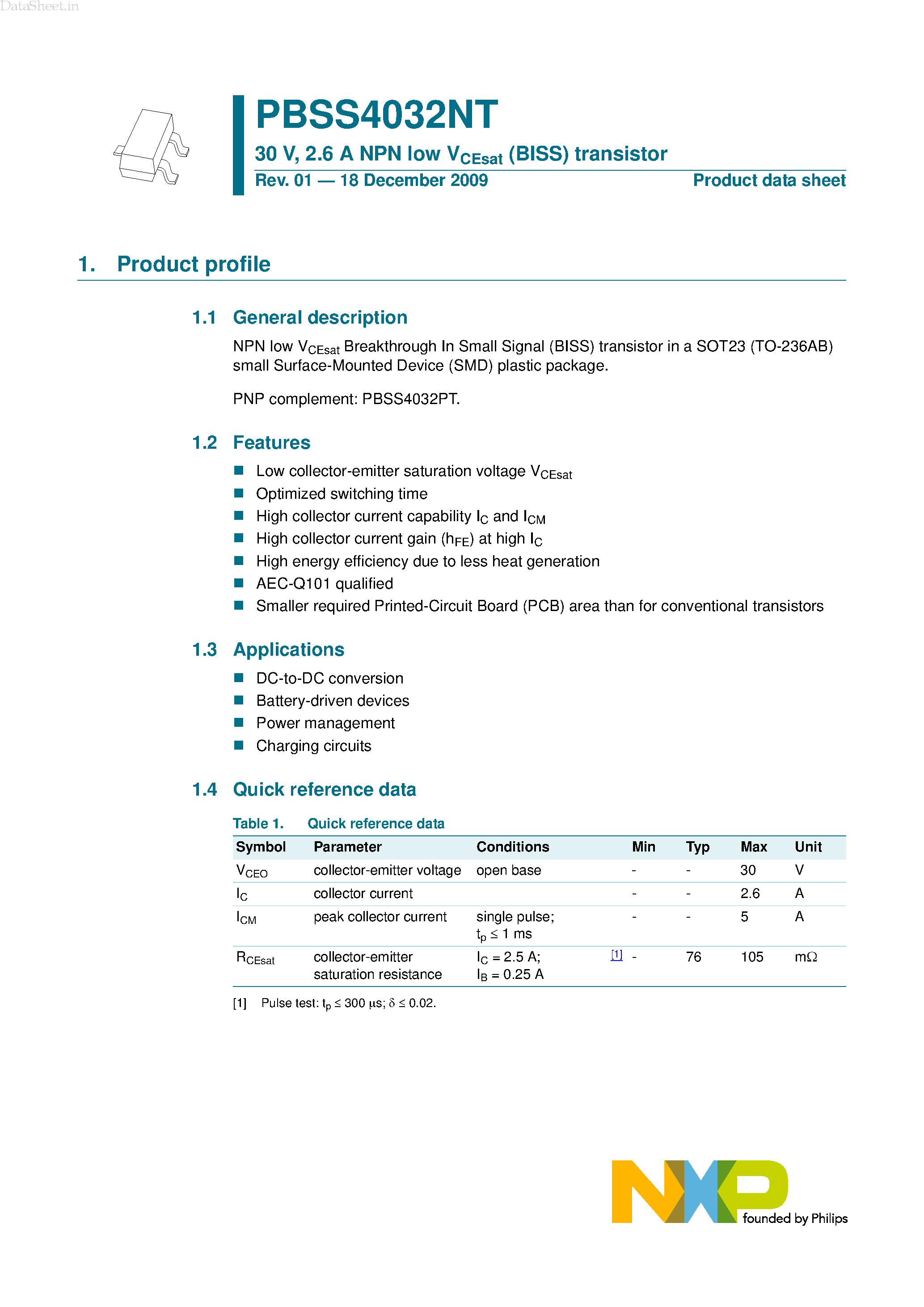 Datasheet PBSS4032NT - 2.6A NPN low VCEsat (BISS) transistor page 1