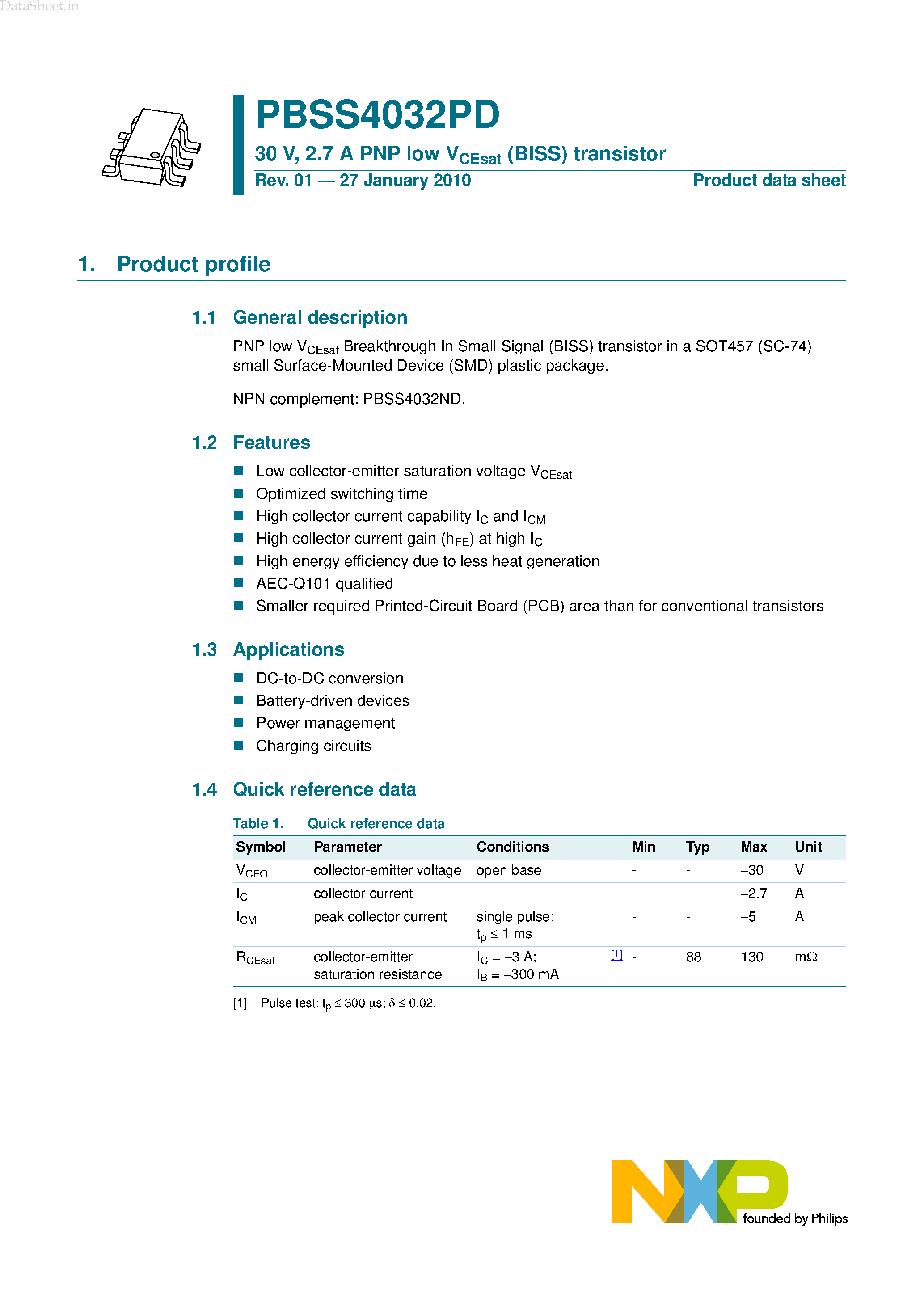 Datasheet PBSS4032PD - 2.7A PNP low VCEsat (BISS) transistor page 1