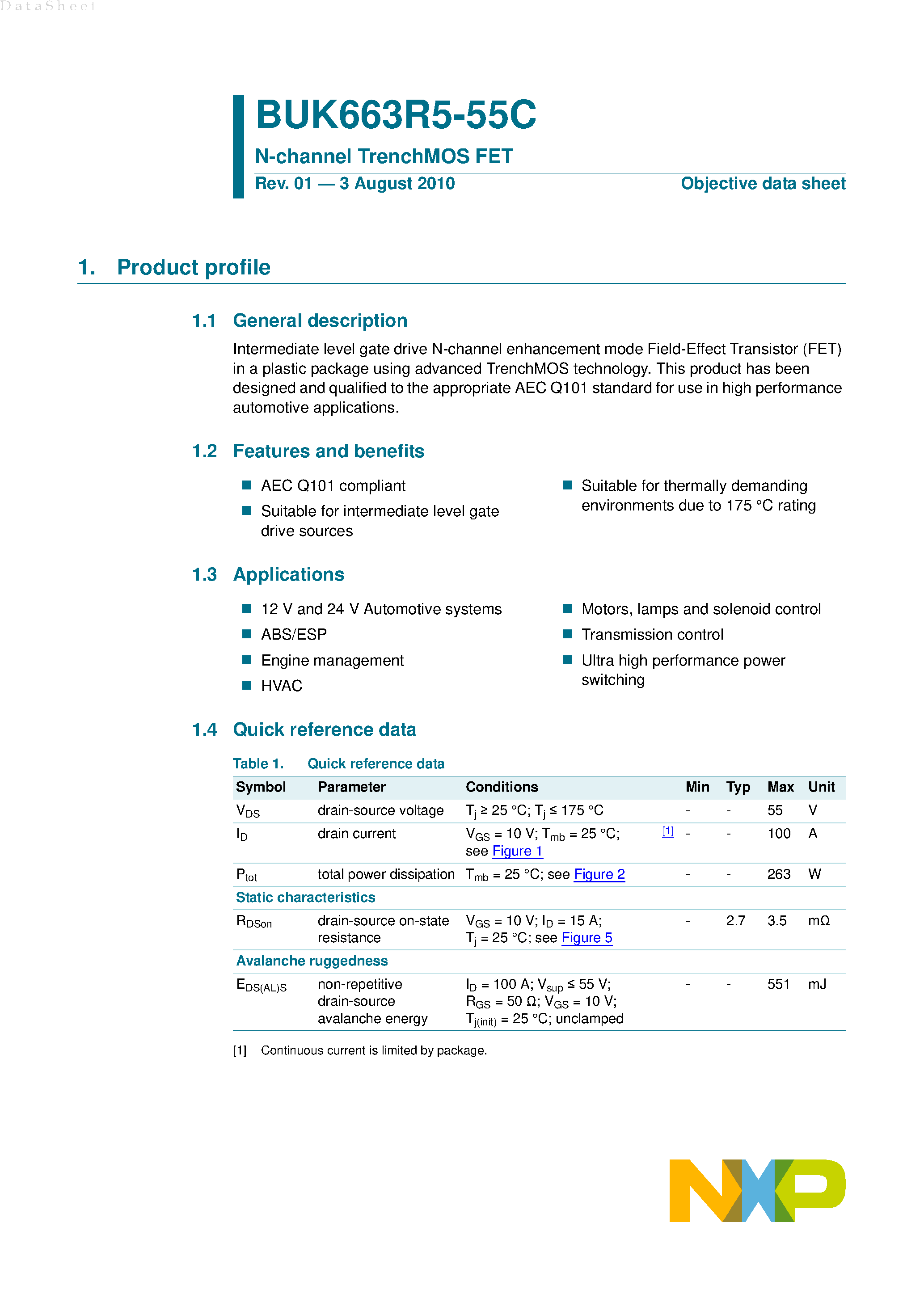 Datasheet BUK663R5-55C - N-channel TrenchMOS FET page 1