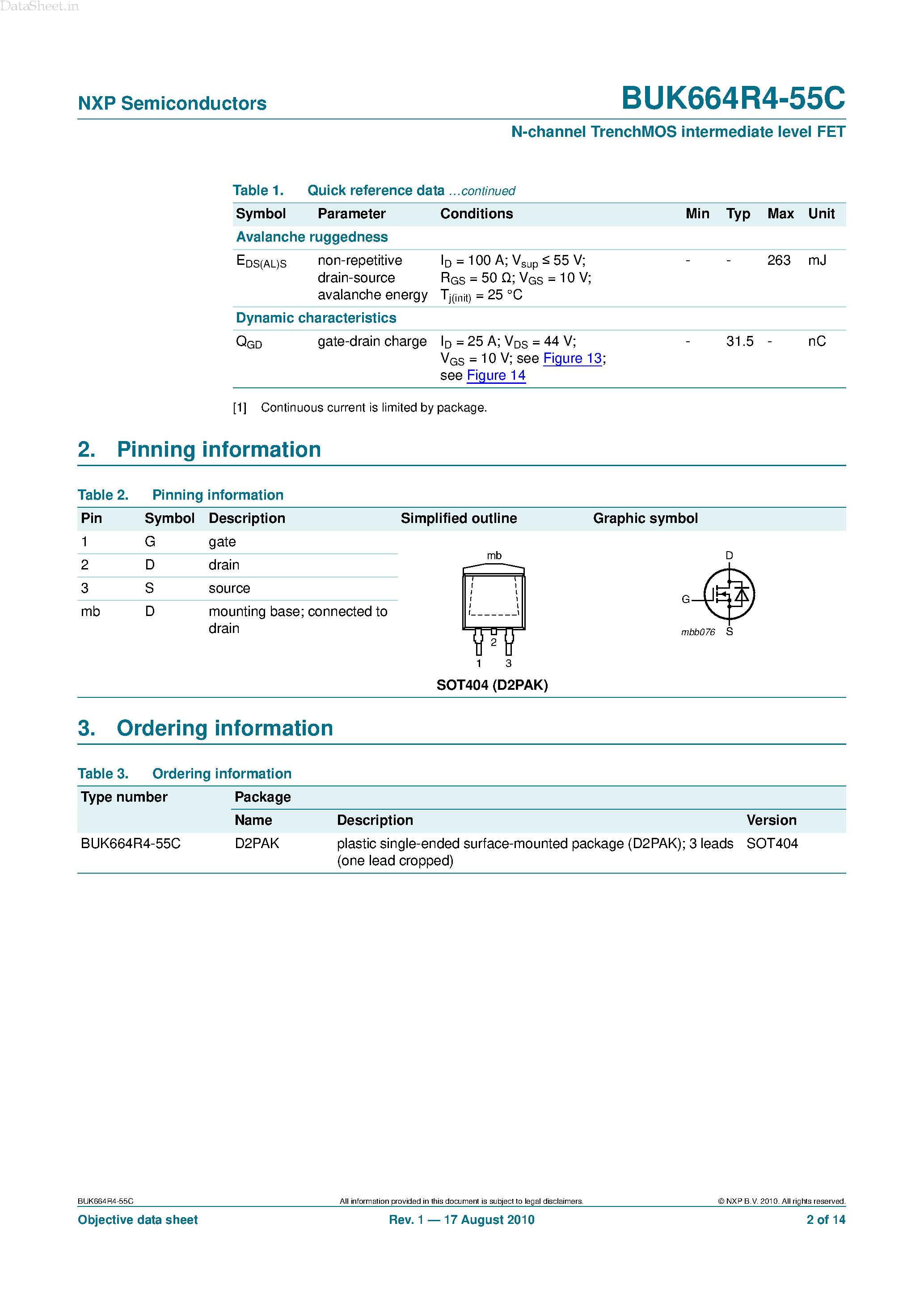 Даташит BUK664R4-55C - N-channel TrenchMOS Intermediate Level FET страница 2