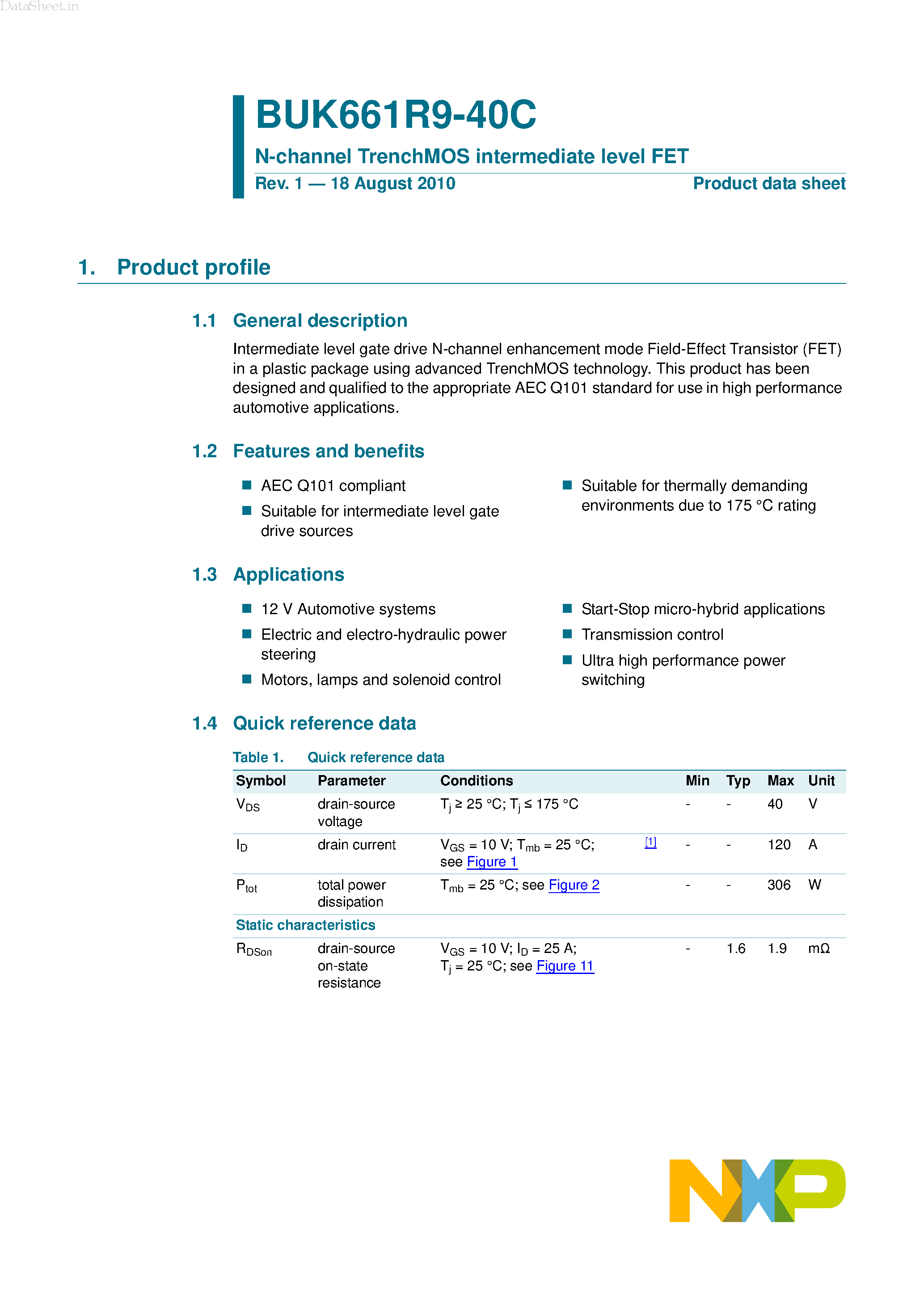 Datasheet BUK661R9-40C - N-channel TrenchMOS intermediate level FET page 1