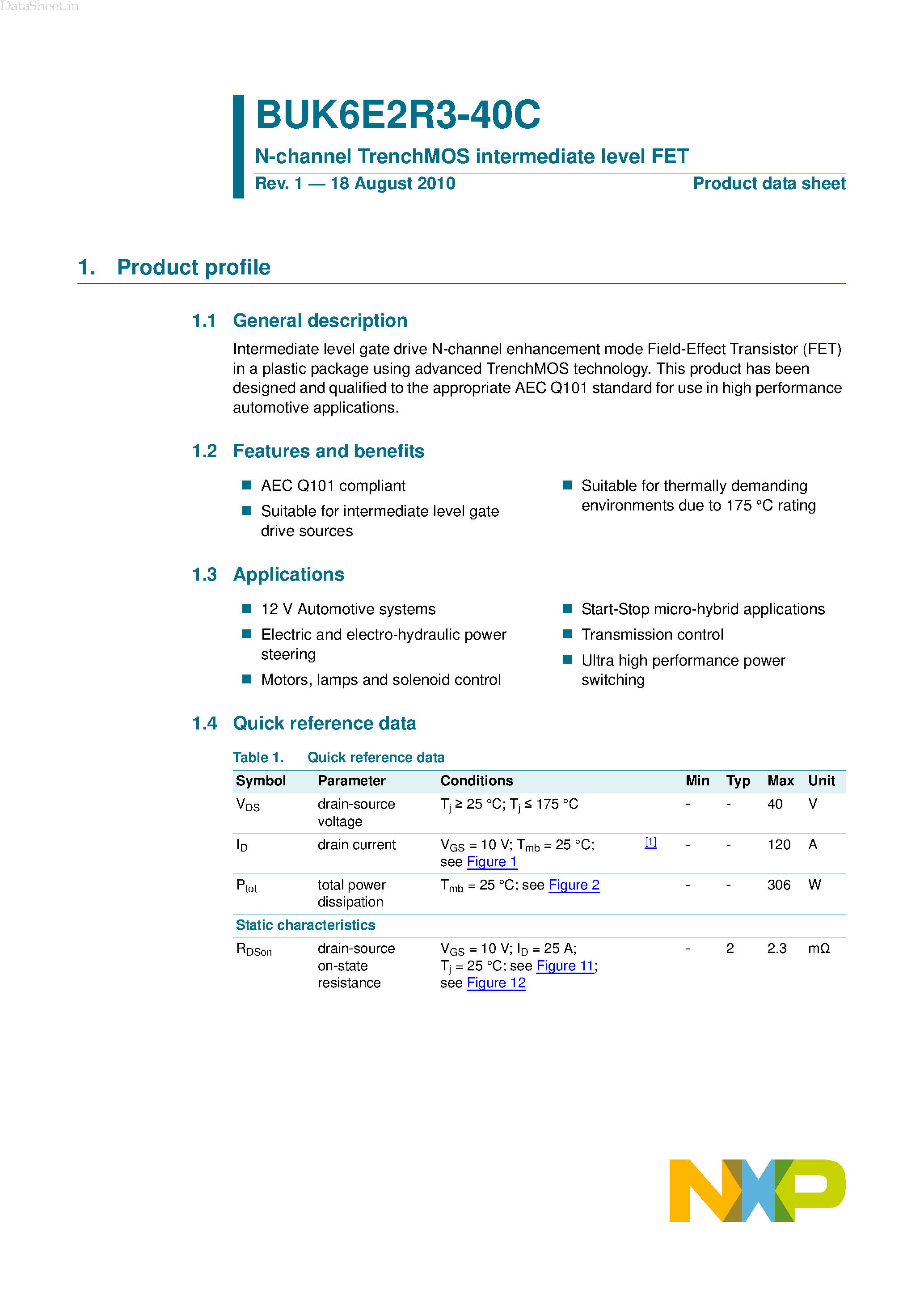 Datasheet BUK6E2R3-40C - N-channel TrenchMOS intermediate level FET page 1