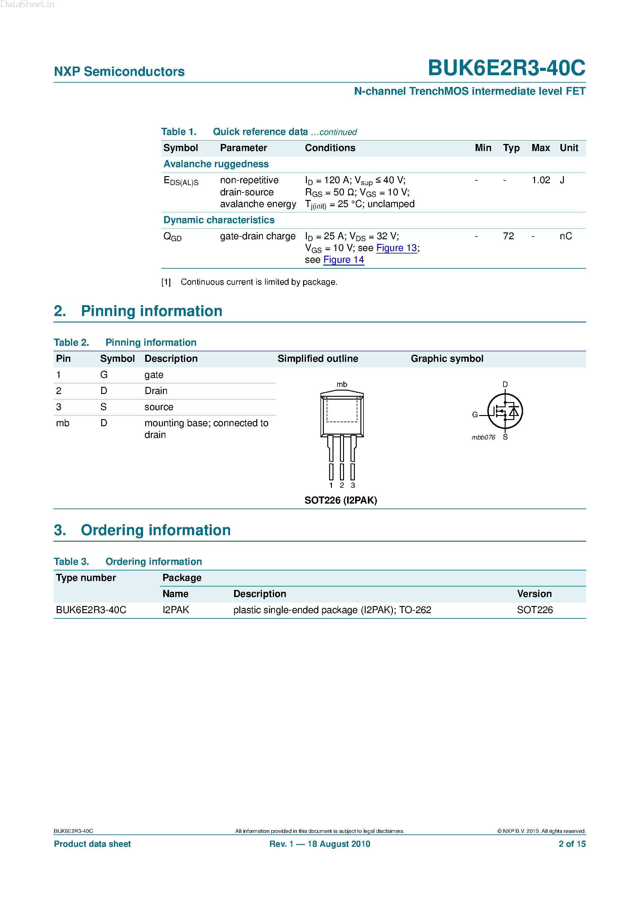 Datasheet BUK6E2R3-40C - N-channel TrenchMOS intermediate level FET page 2