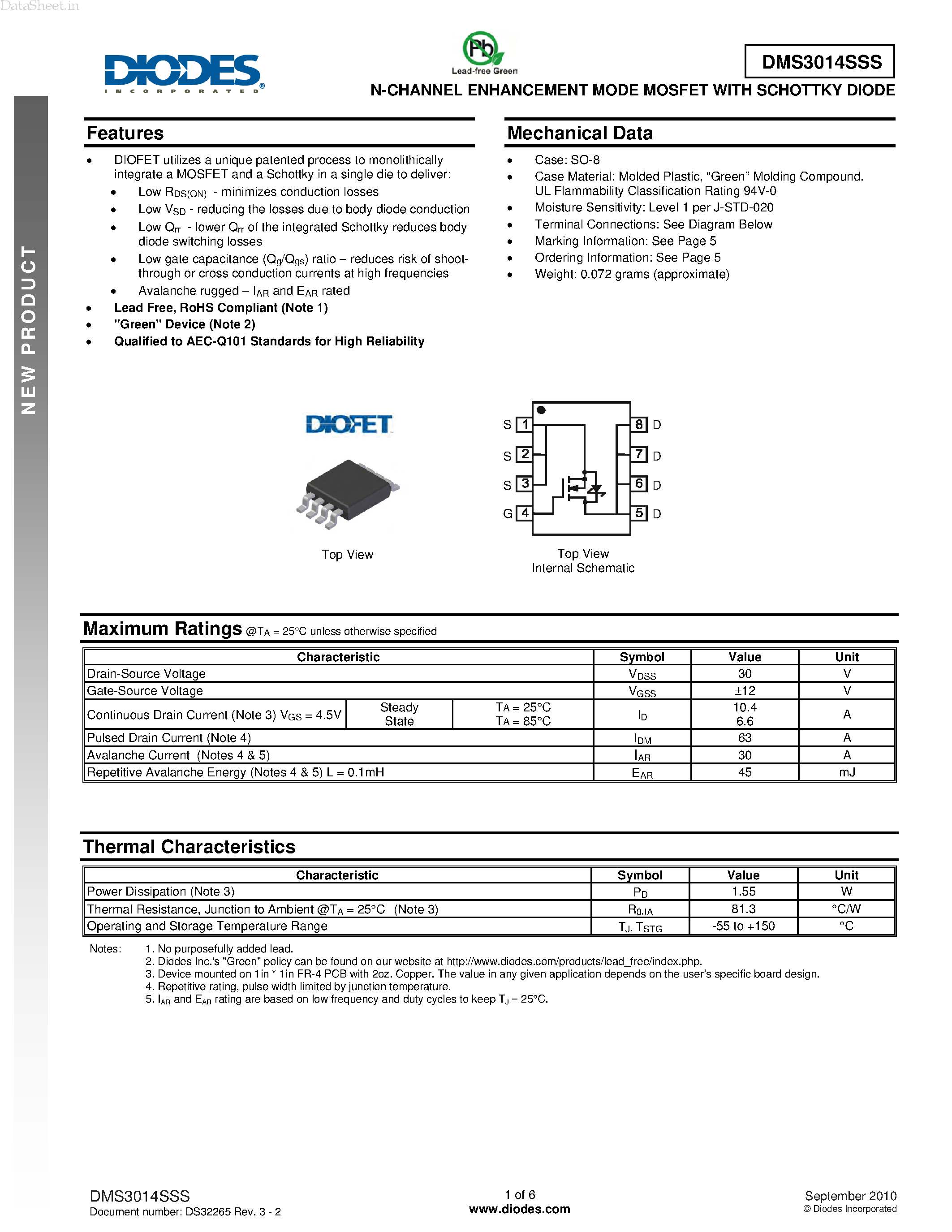 Datasheet DMS3014SSS - N-CHANNEL ENHANCEMENT MODE MOSFET page 1