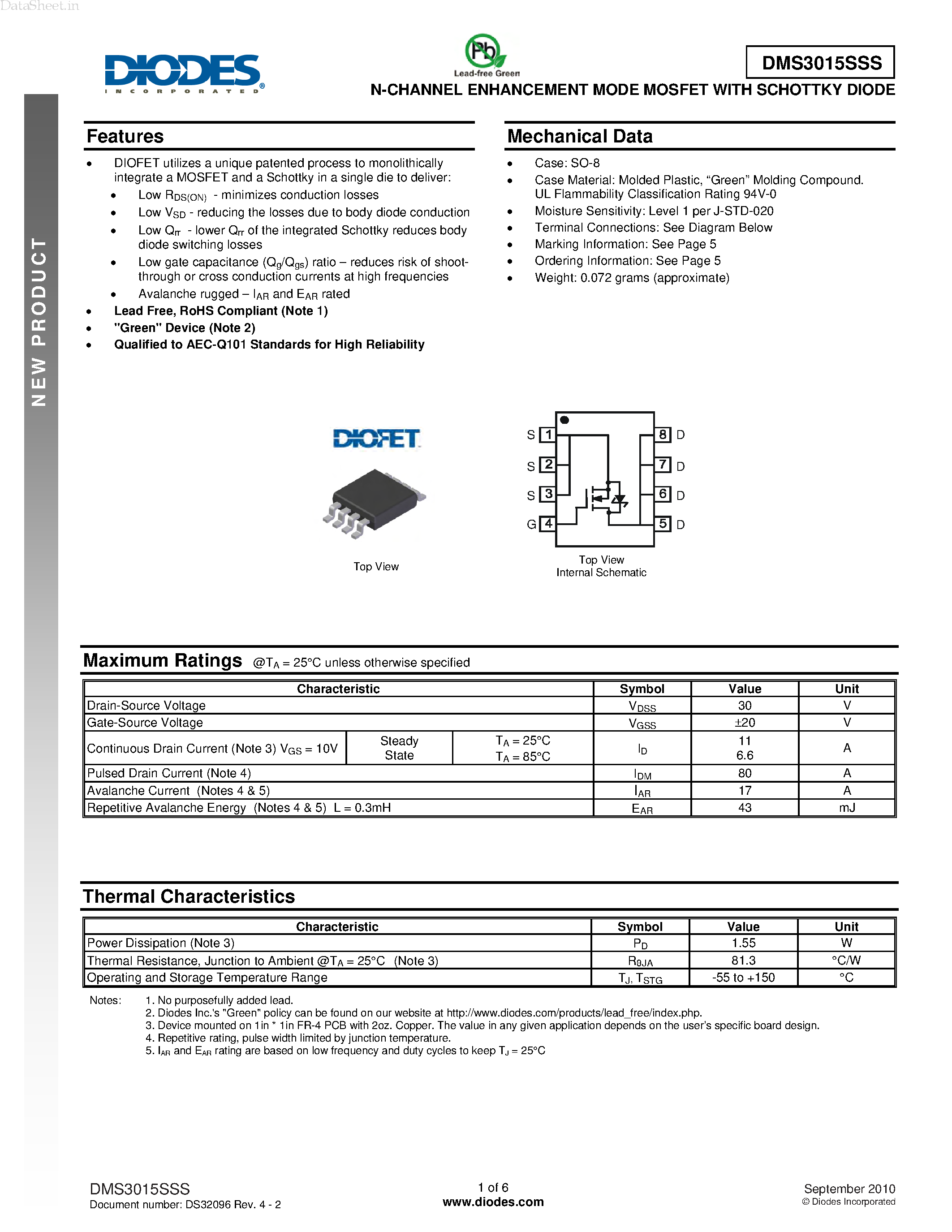 Datasheet DMS3015SSS - N-CHANNEL ENHANCEMENT MODE MOSFET page 1