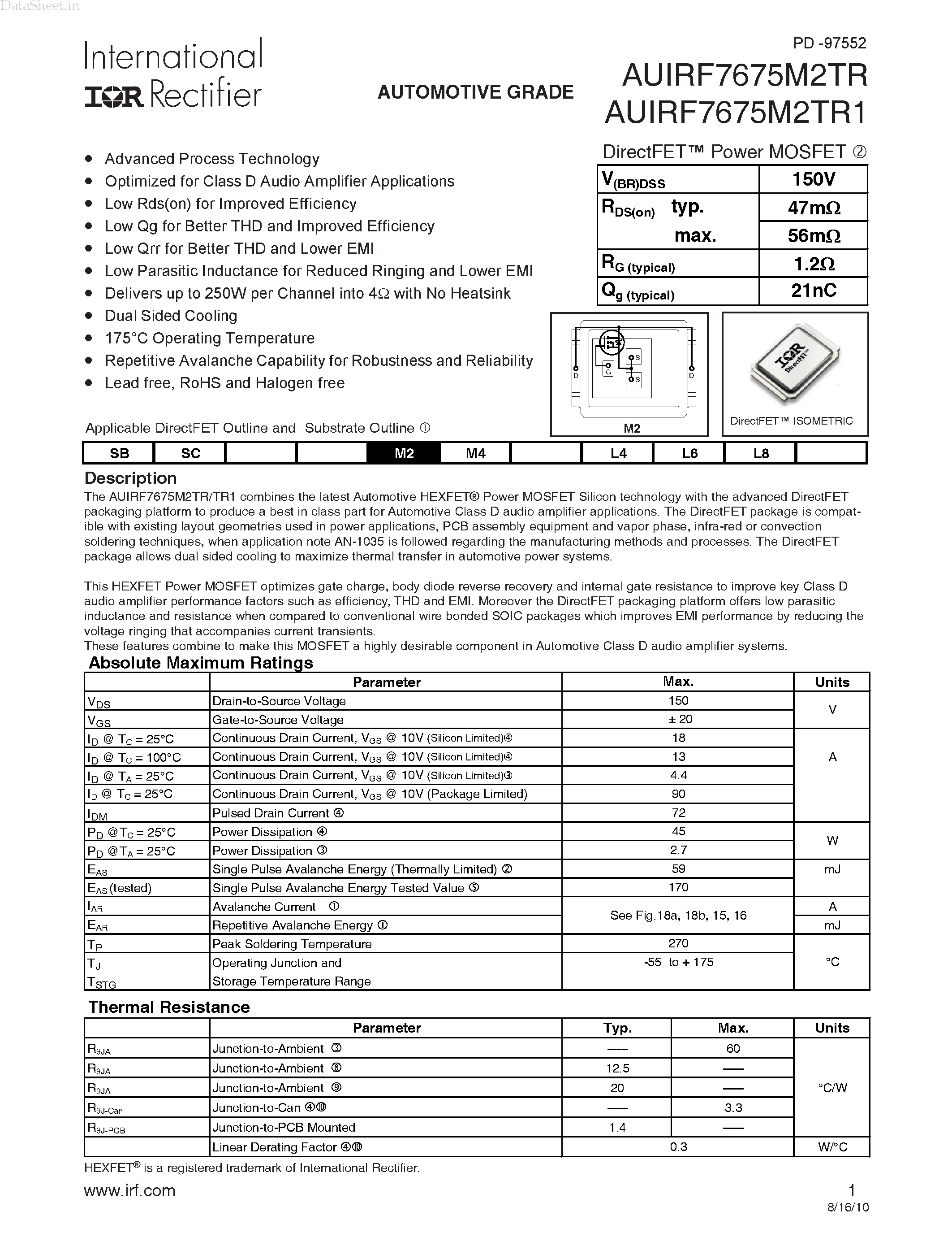 Datasheet AUIRF7675M2TR - Automotive Grade Single N-Channel HEXFET page 1