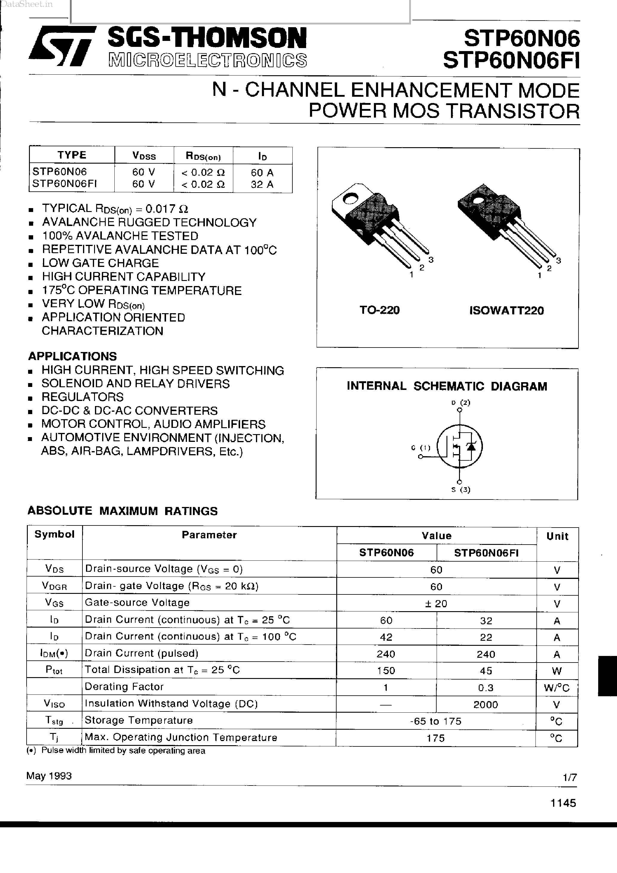 Datasheet STP60N06 - N-CHANNEL Power MOSFET page 1