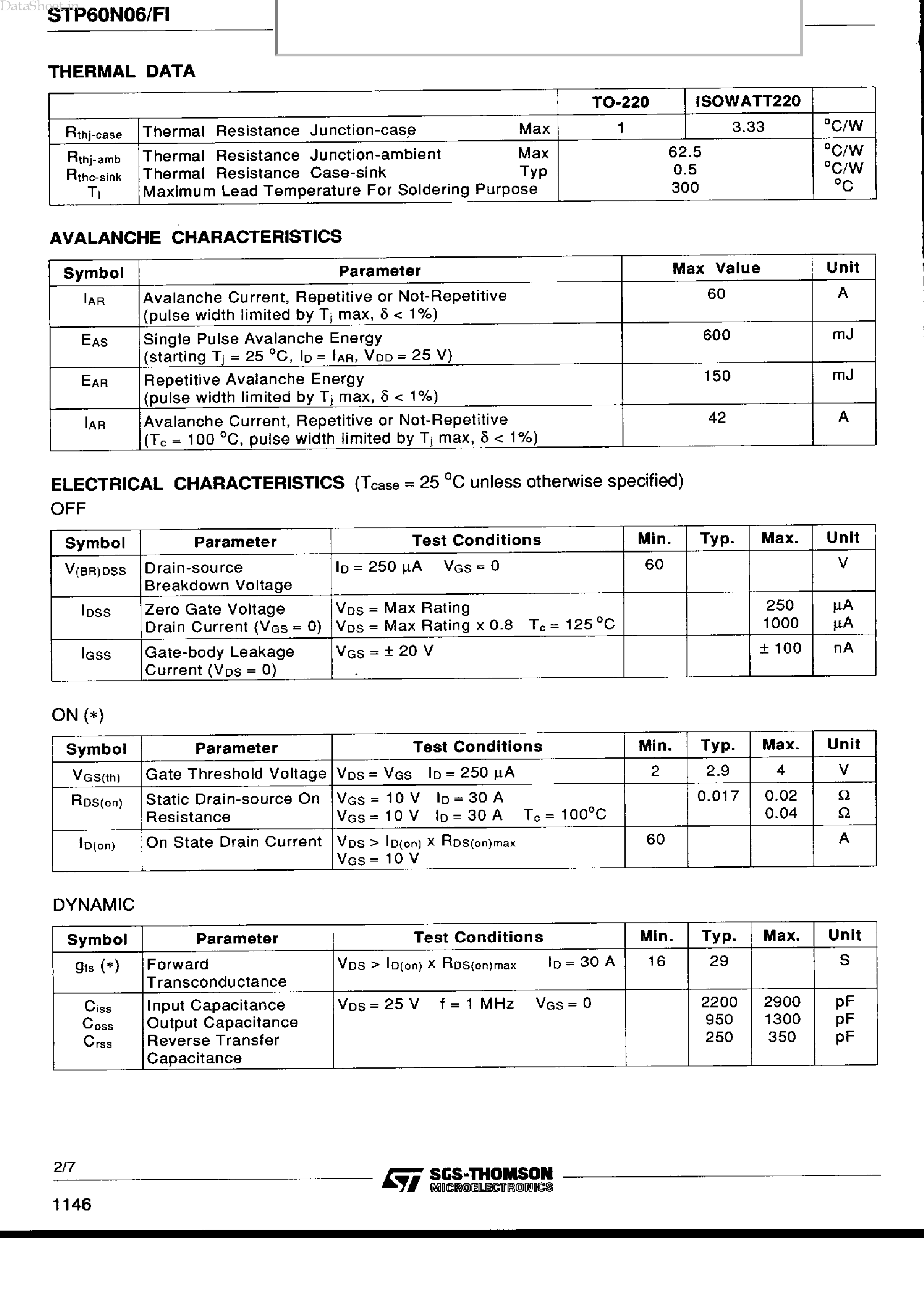 Datasheet STP60N06 - N-CHANNEL Power MOSFET page 2
