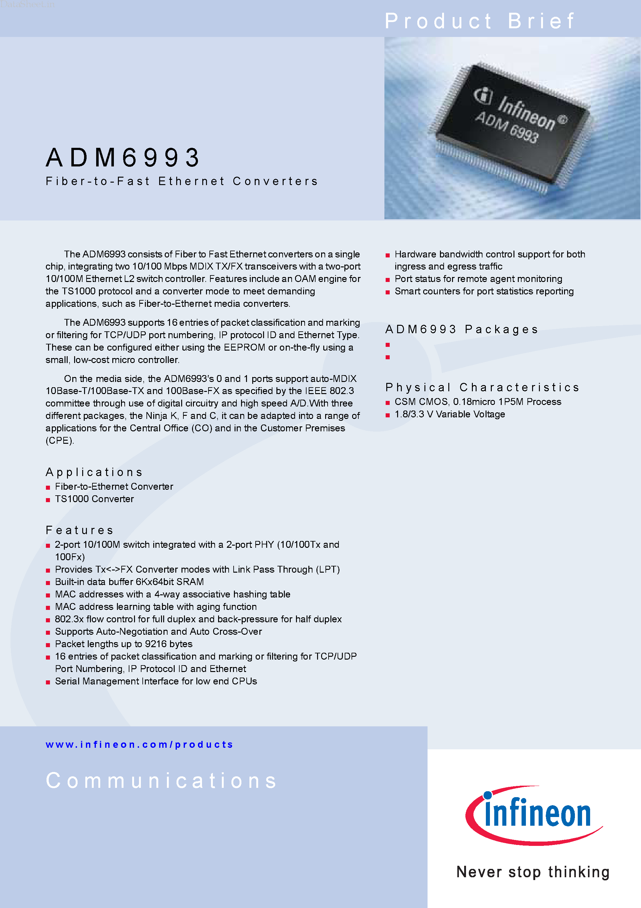 Даташит ADM6993 - Fiber-to-Fast Ethernet Converters Product Brief страница 1