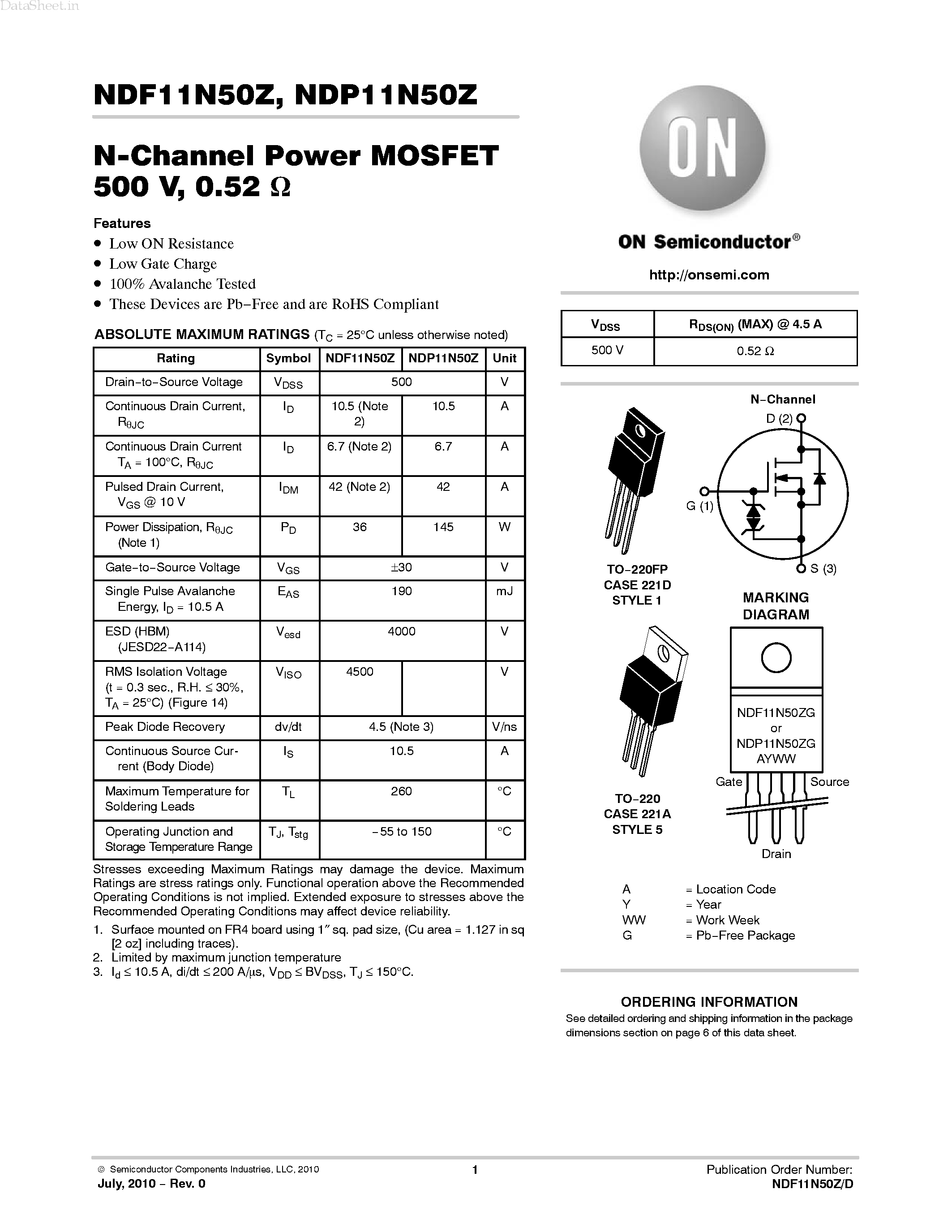 Datasheet NDP11N50Z - N-Channel Power MOSFET page 1