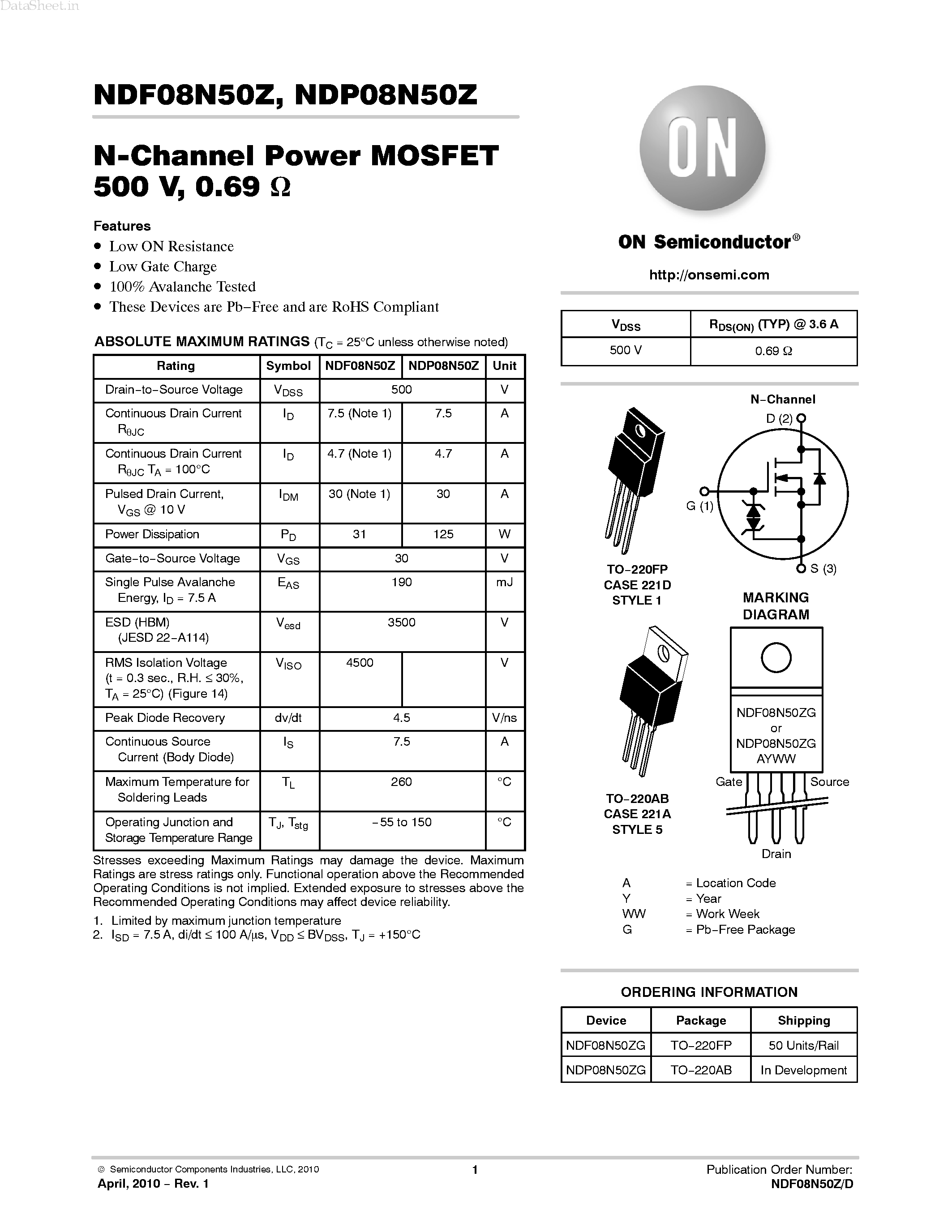 Datasheet NDP08N50Z - N-Channel Power MOSFET page 1
