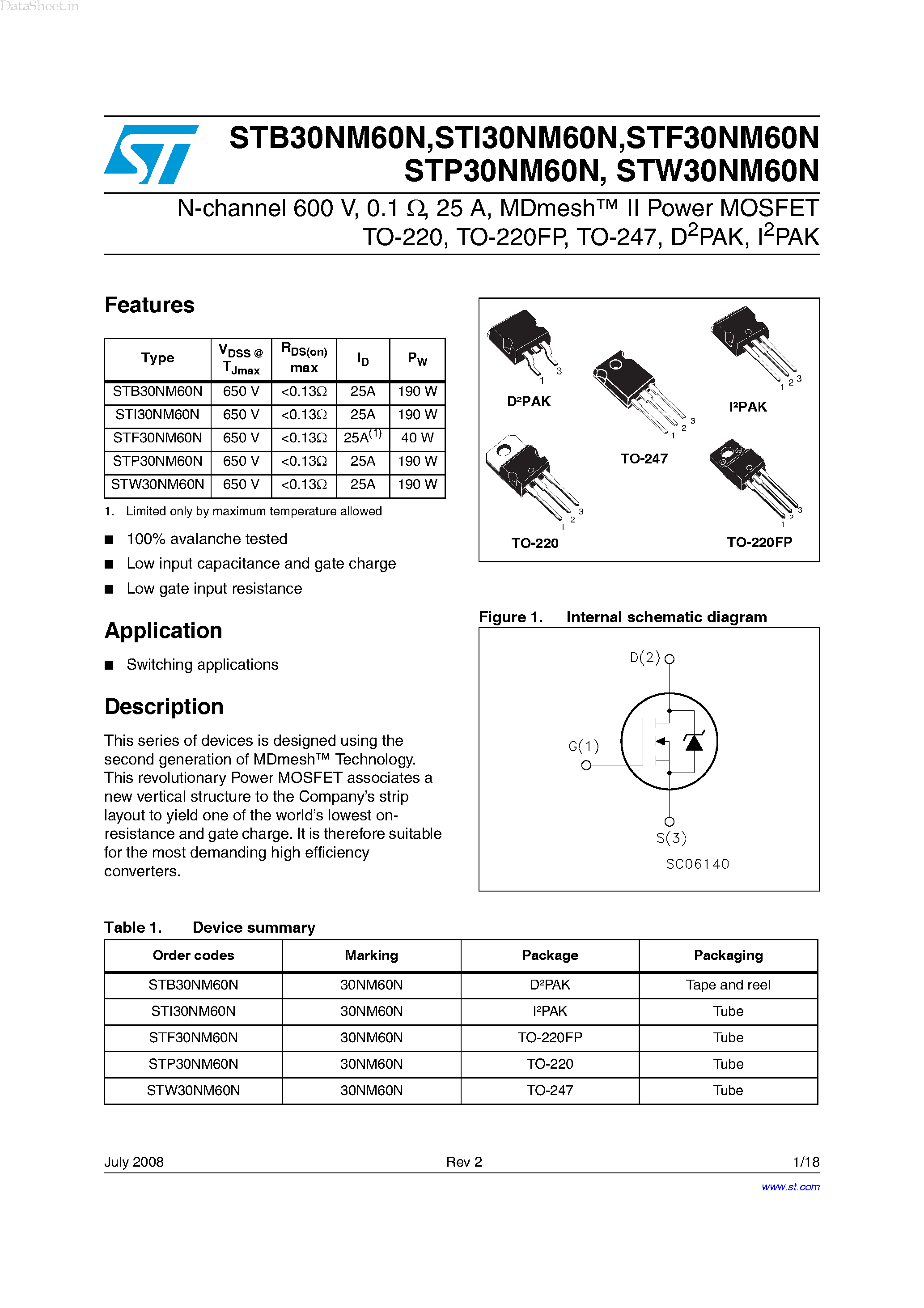 Datasheet STP30NM60N page 1 Datasheet STP30NM60N - N-channel MOSFET page 1