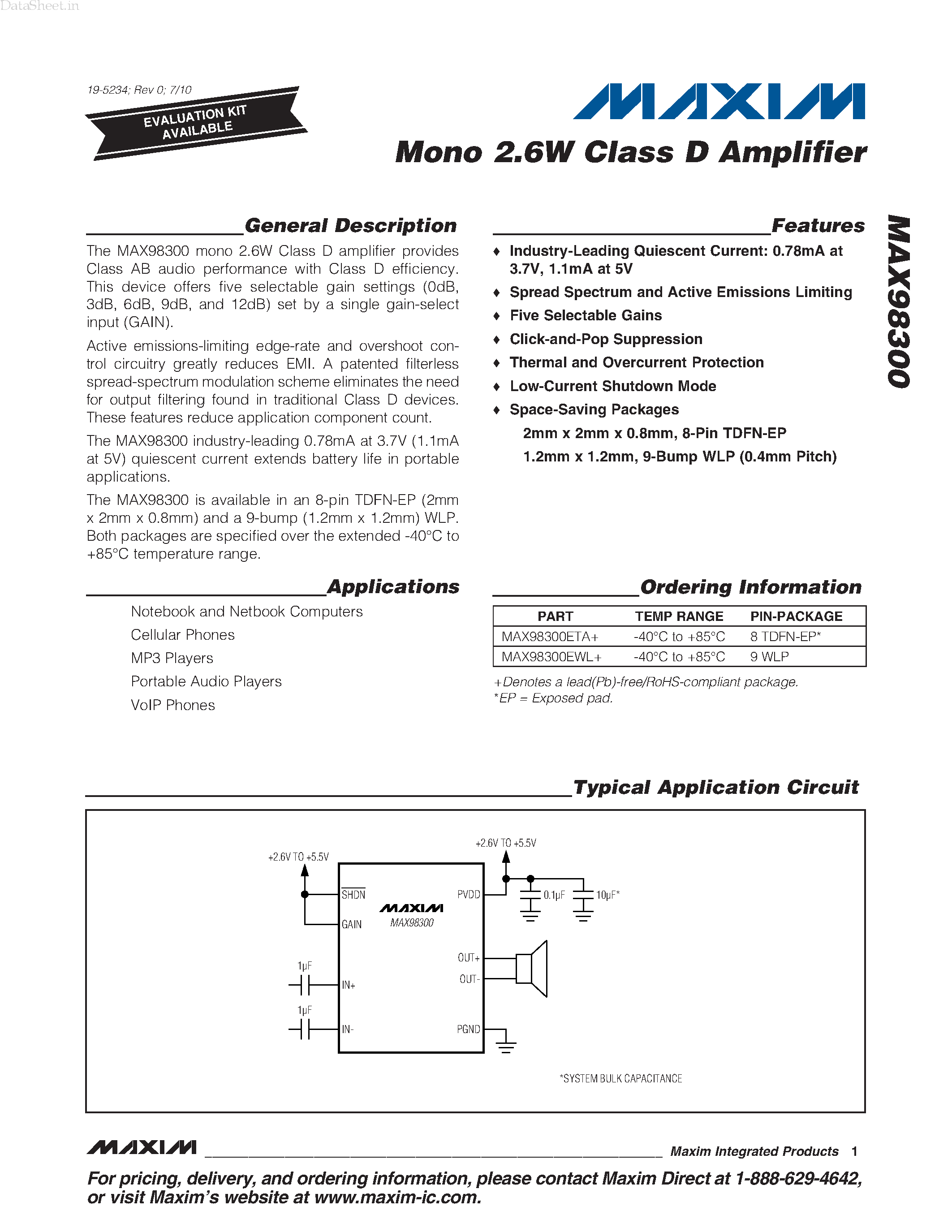 Даташит на микросхему MAX98300 страница 1 Даташит MAX98300 - Mono 2.6W Class D Amplifier страница 1