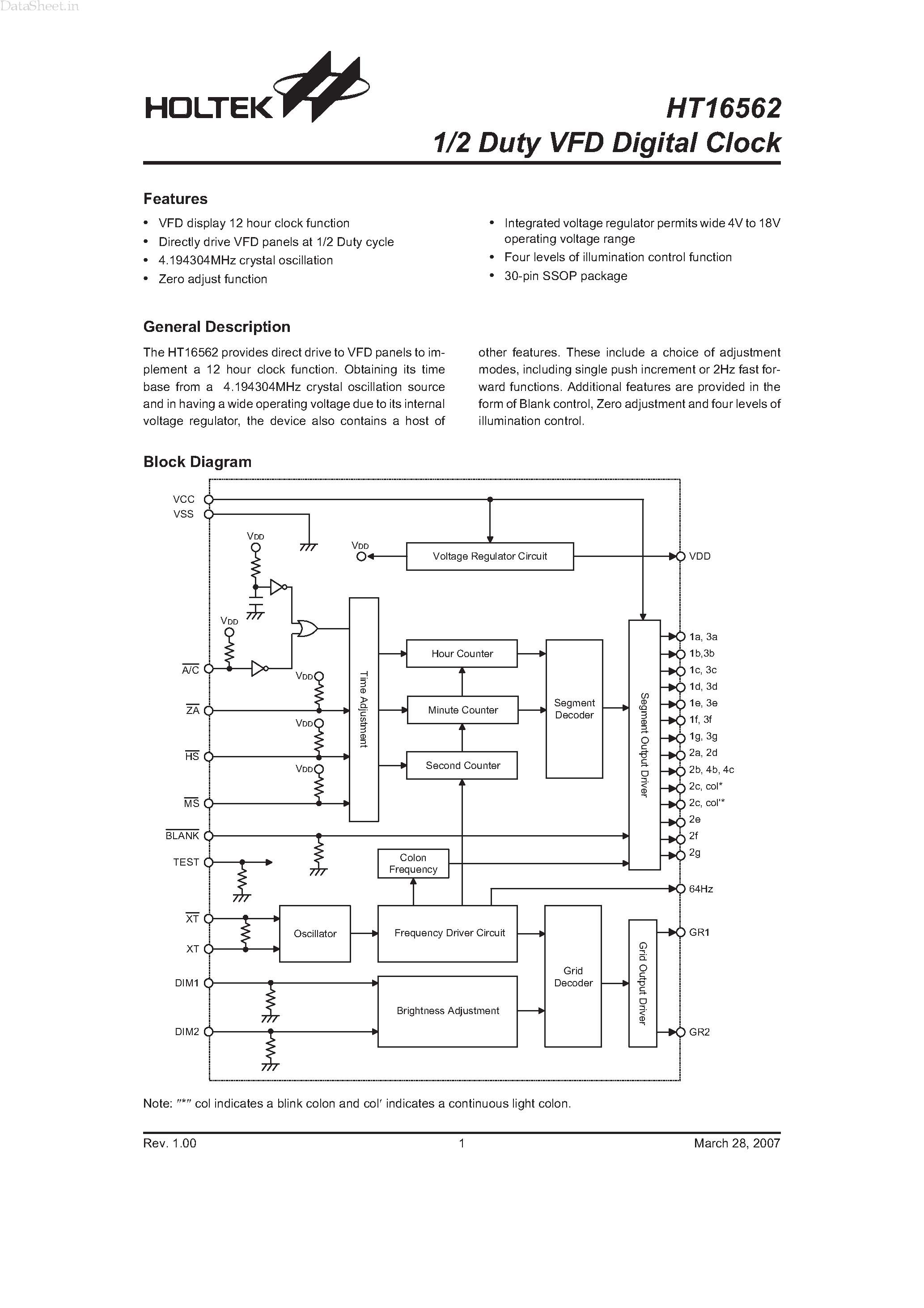 Datasheet HT16562 - 1/2 Duty VFD Digital Clock page 1