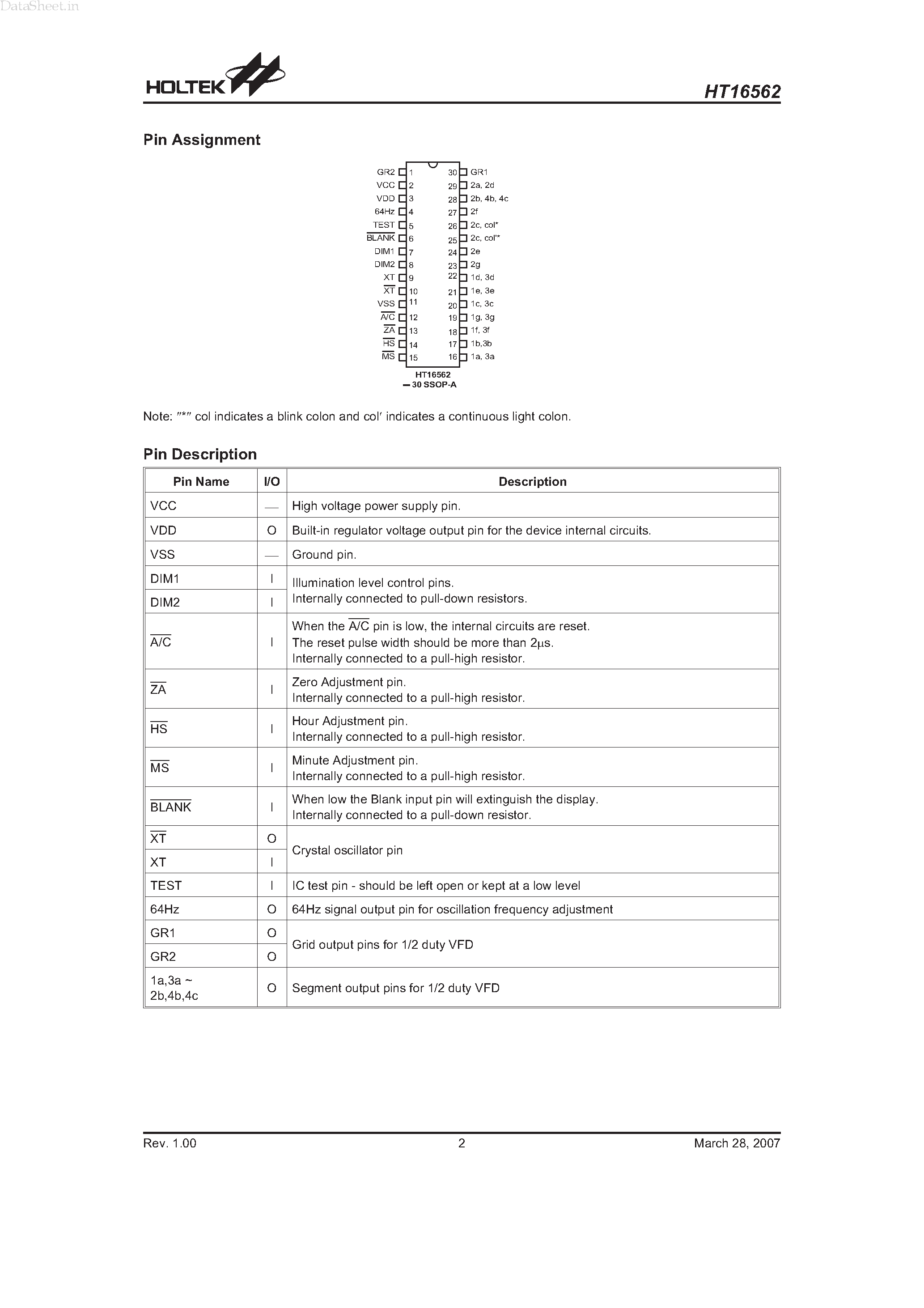 Datasheet HT16562 - 1/2 Duty VFD Digital Clock page 2