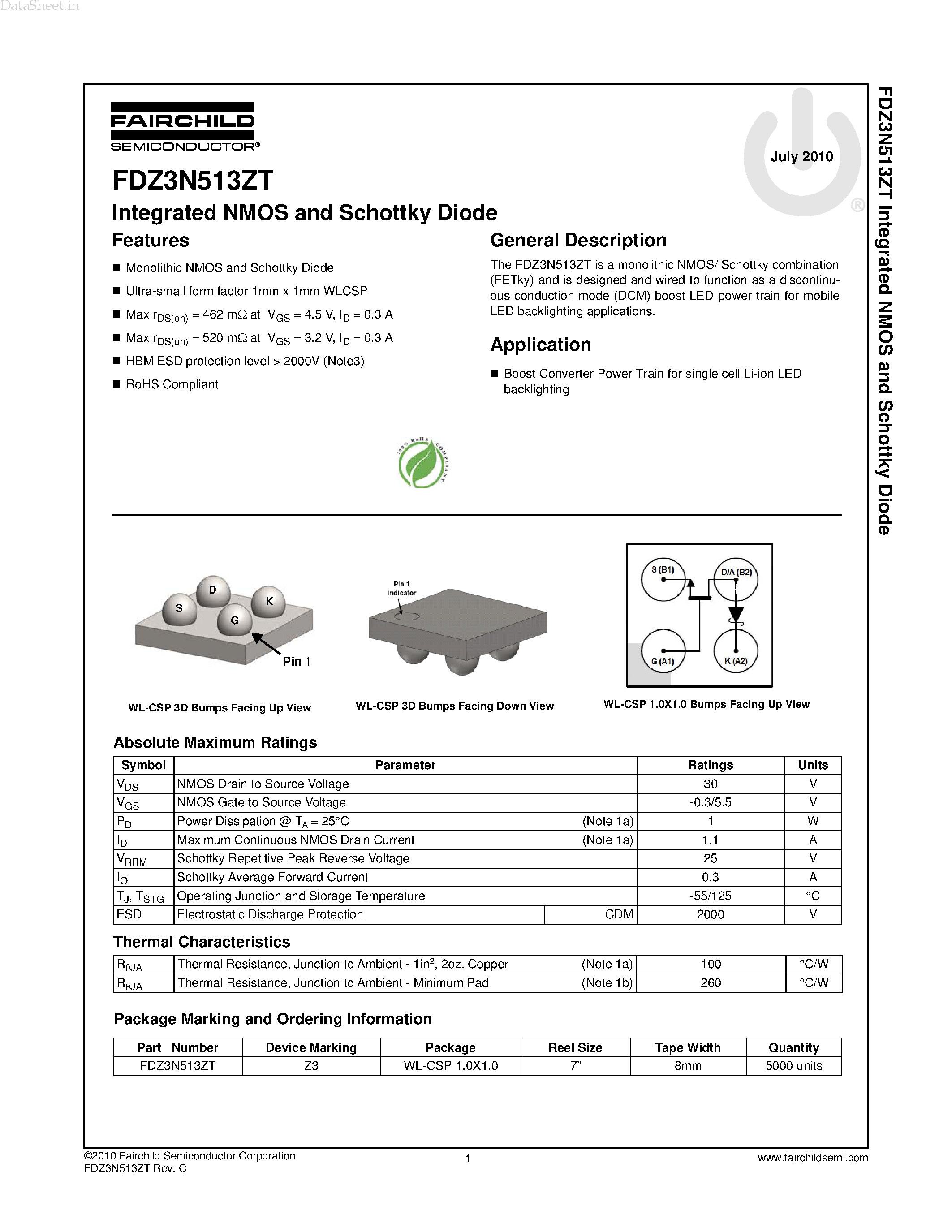 Datasheet FDZ3N513ZT - 30V Integrated NMOS And Schottky Diode page 1