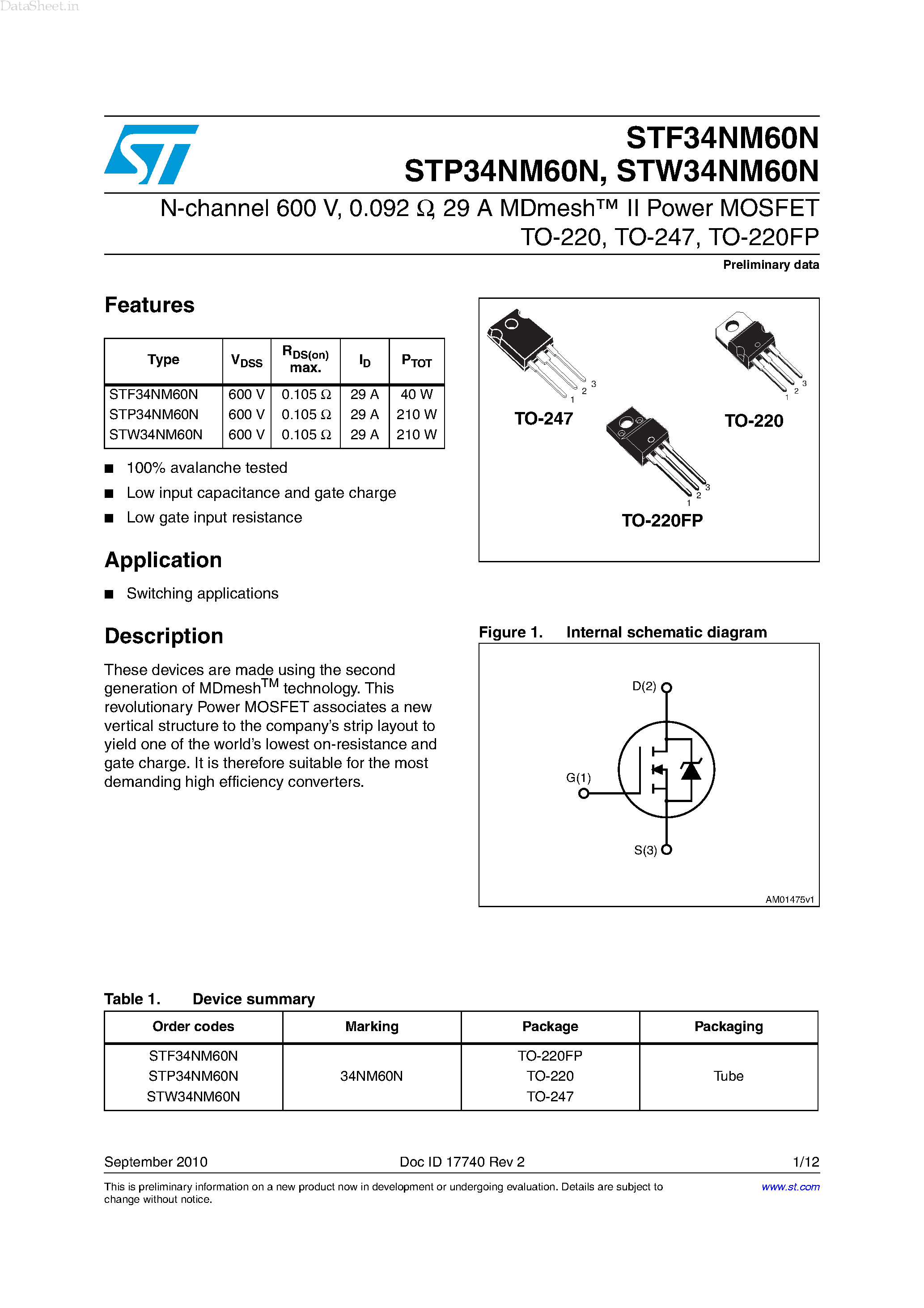 Datasheet STP34NM60N - Power MOSFETs page 1