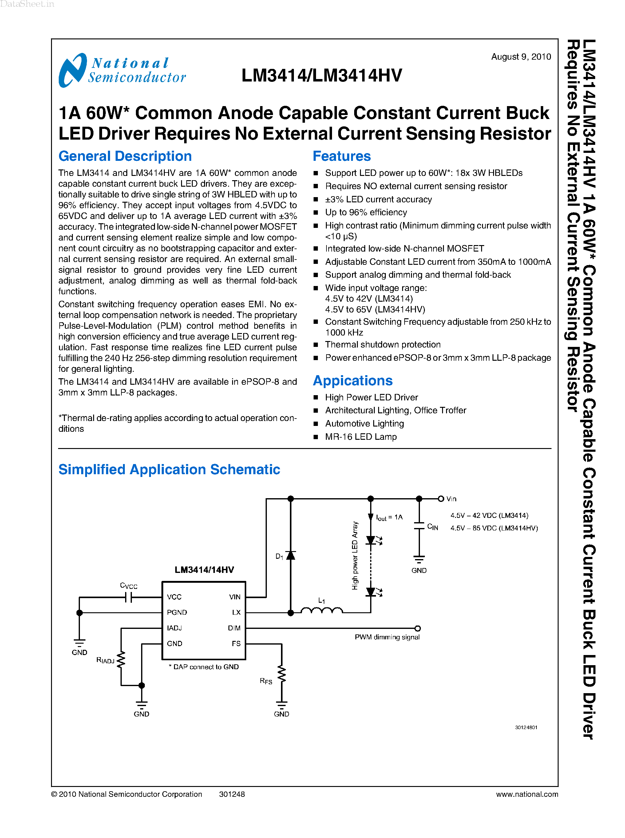 Datasheet LM3414 - 1A 60W Common Anode Capable Constant Current Buck LED Driver page 1