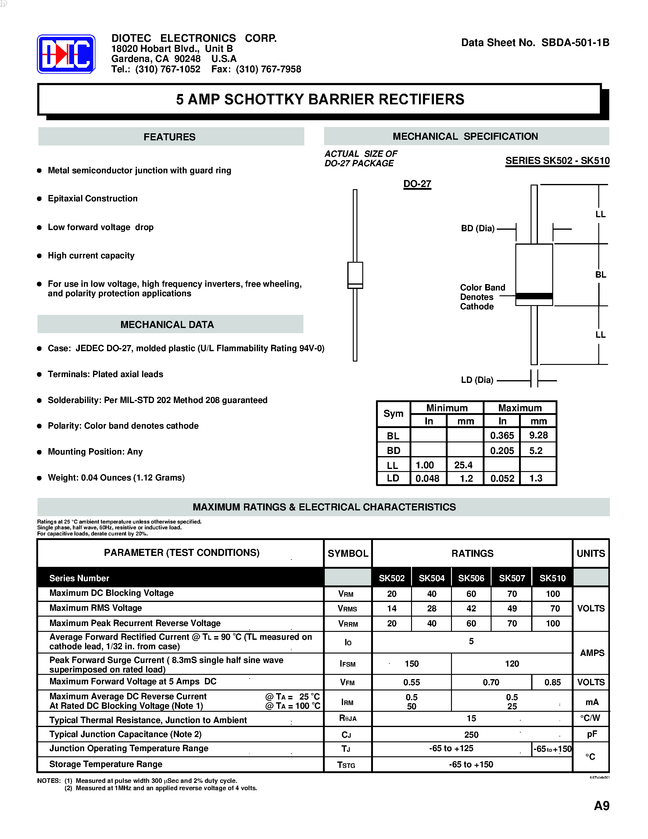 Datasheet SK502 page 1 Datasheet SK502 - (SK502 - SK510) 5 AMP SCHOTTKY BARRIER RECTIFIERS page 1