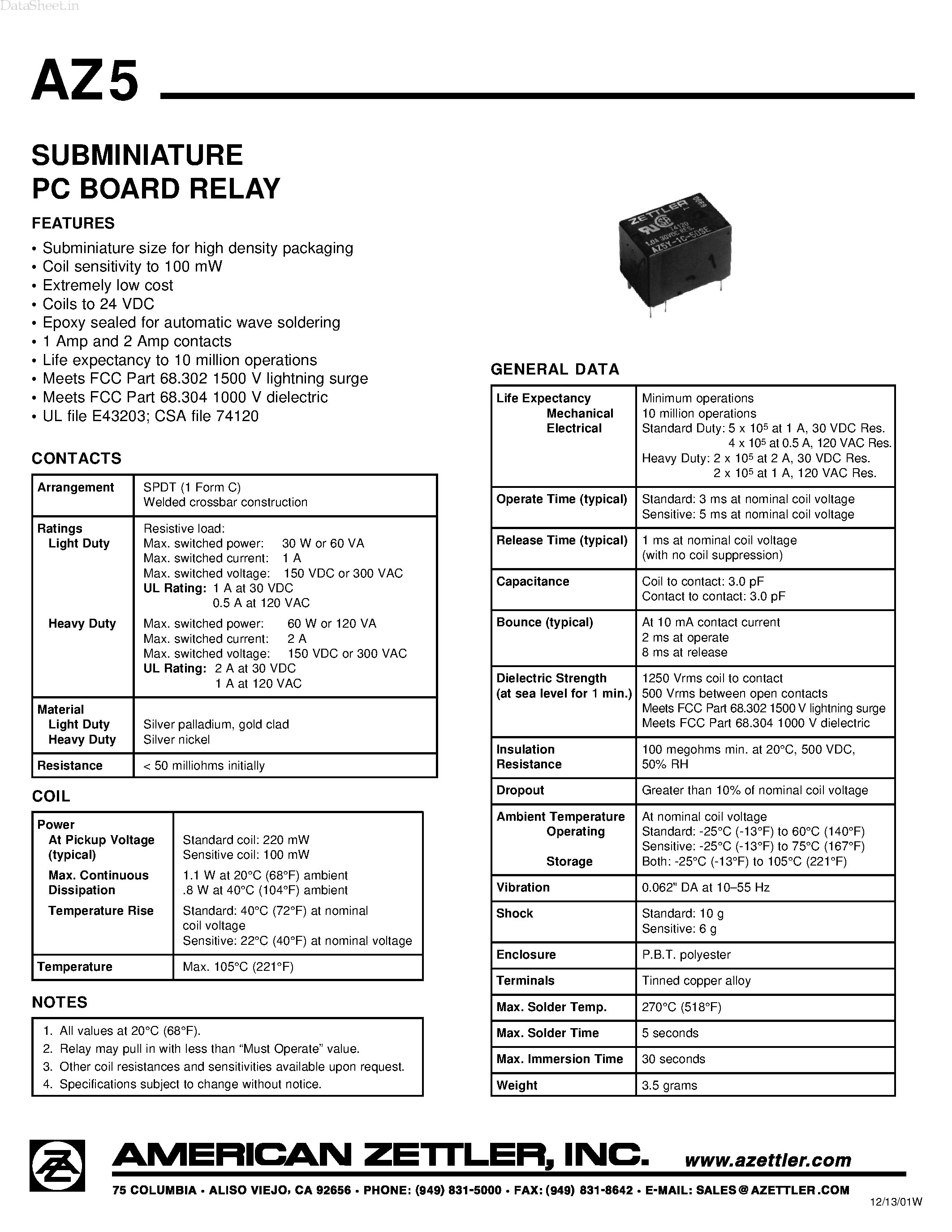 Даташит AZ5 - SUBMINIATURE PC BOARD RELAY страница 1