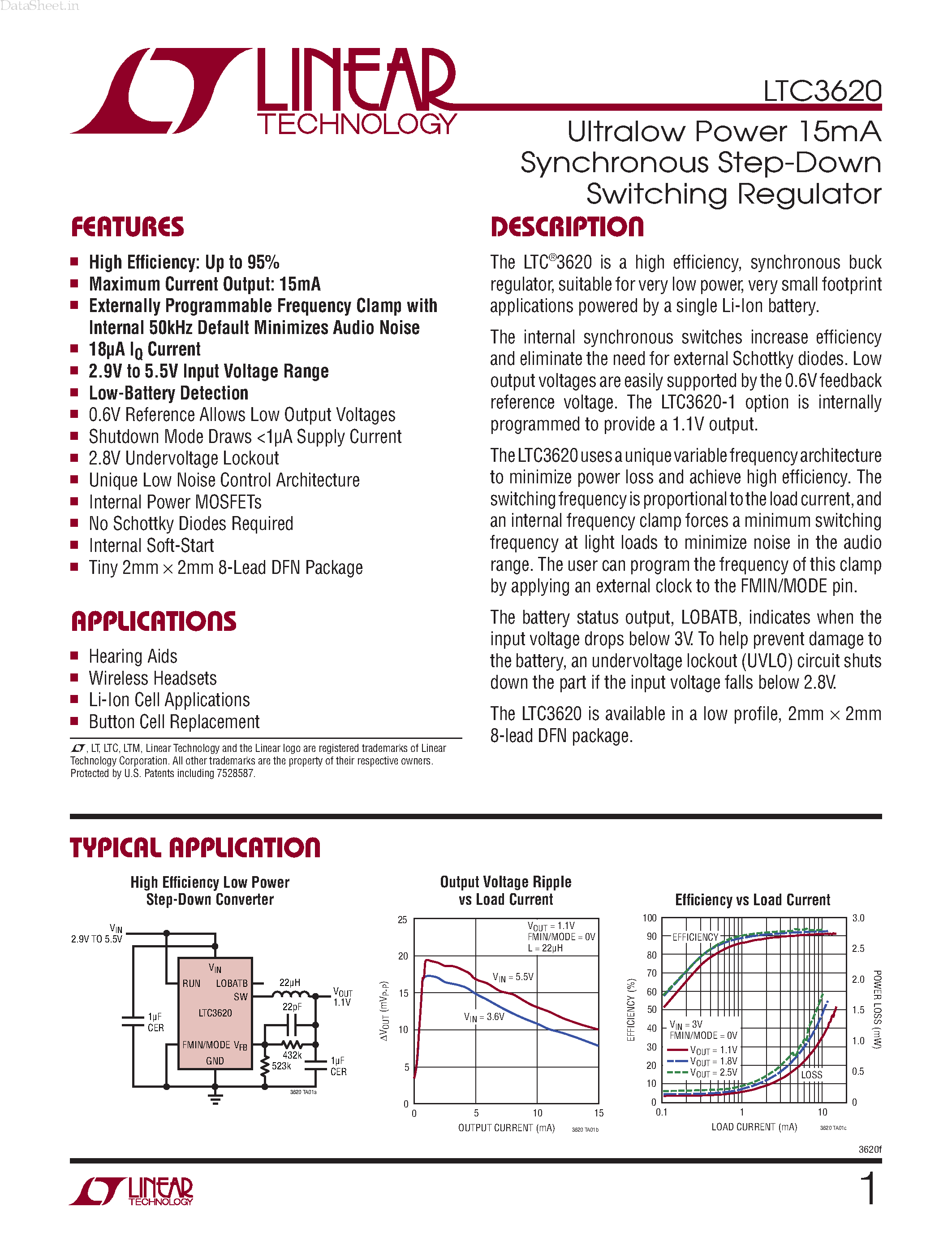 Datasheet LTC3620 - Ultralow Power 15mA Synchronous Step-Down Switching Regulator page 1