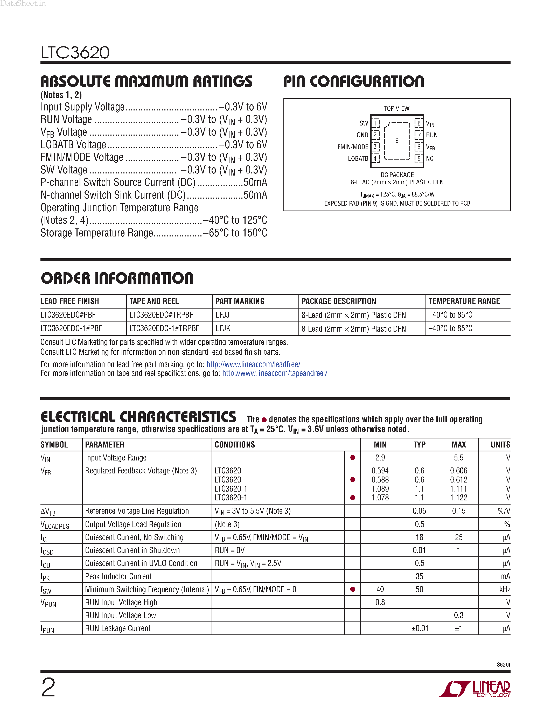 Datasheet LTC3620 - Ultralow Power 15mA Synchronous Step-Down Switching Regulator page 2