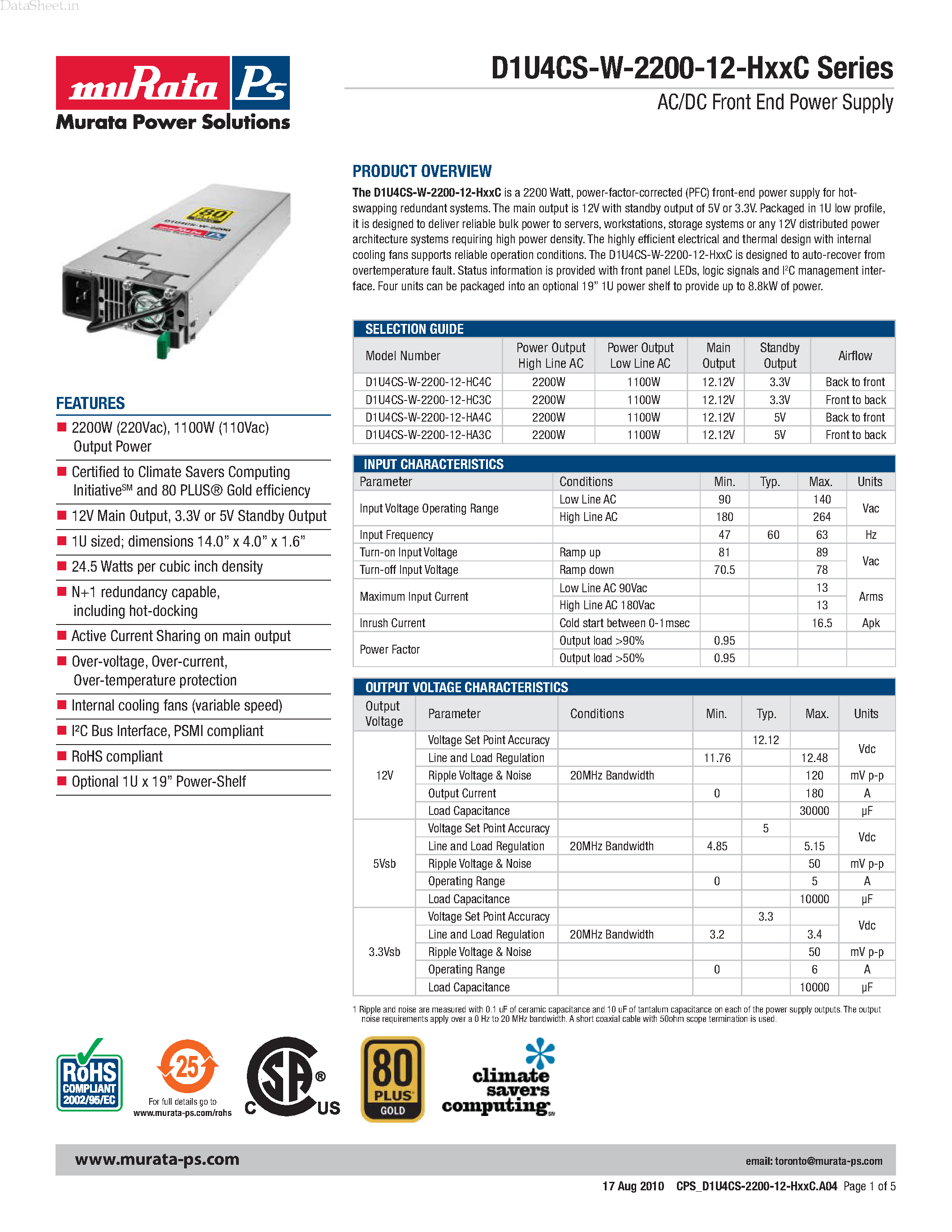 Даташит D1U4CS-W-2200-12-HXXC - AC/DC Front End Power Supply страница 1