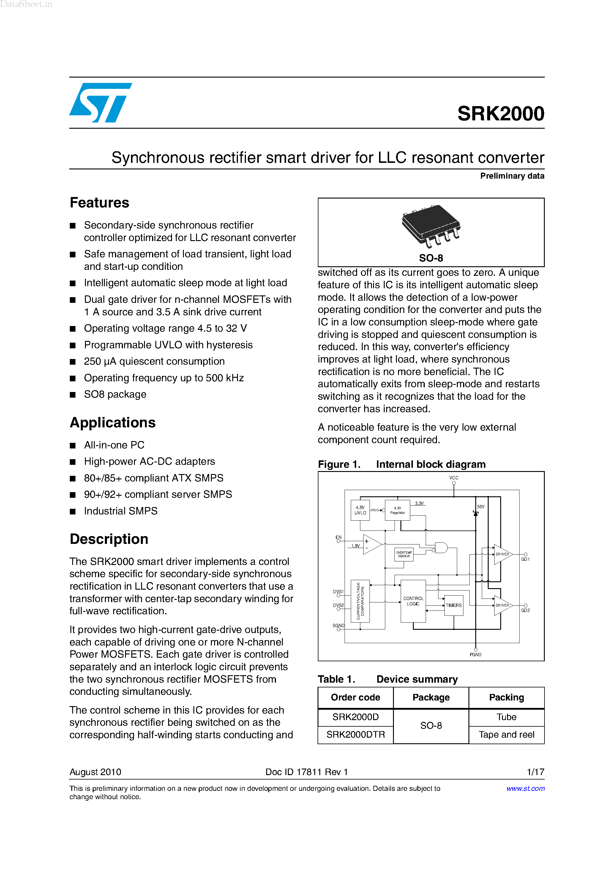 Datasheet SRK2000 page 1 Datasheet SRK2000 - AC-DC Conversion Synchronous rectifier smart driver page 1
