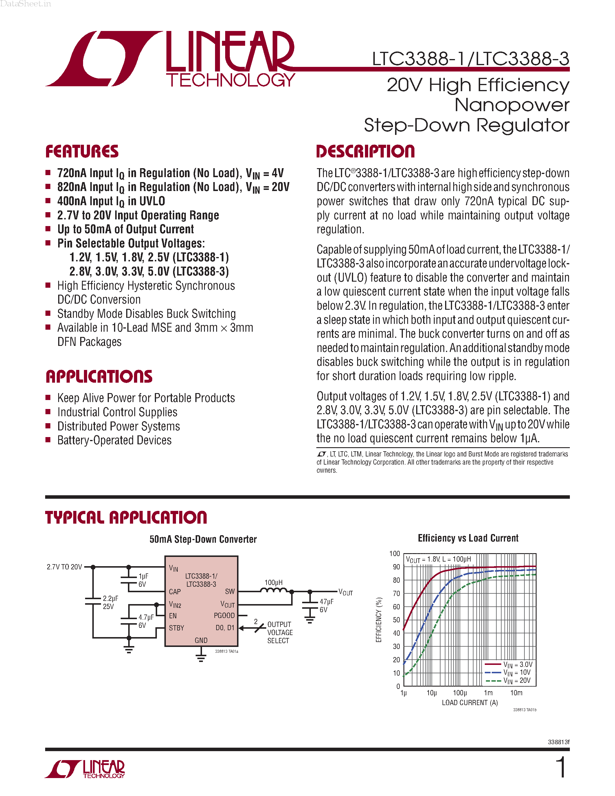 Datasheet LTC3388-1 - 20V High Efficiency Nanopower Step-Down Regulator page 1
